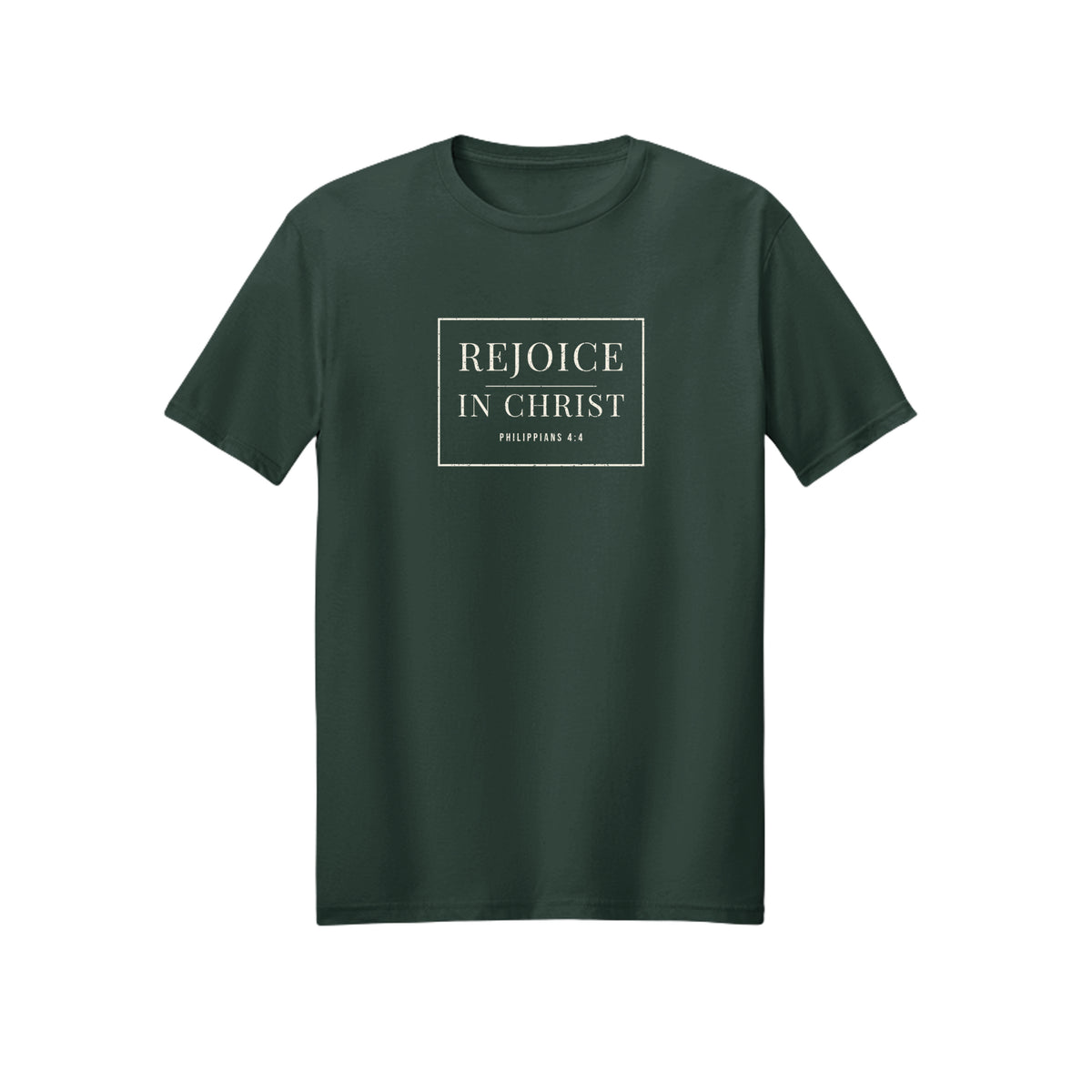 Minimal White Rejoice in Christ shirt in Forest Green