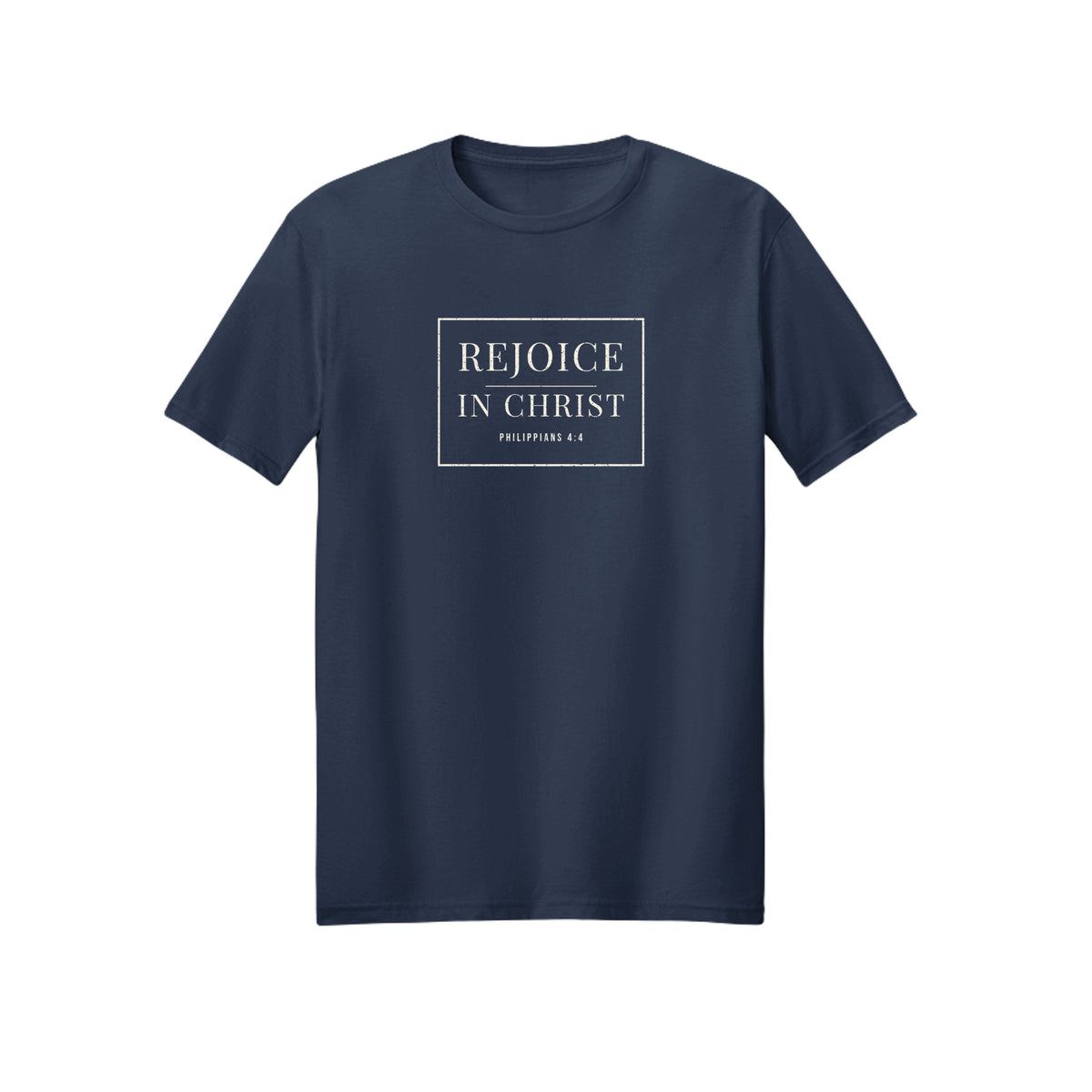 Minimal White Rejoice in Christ shirt in Navy