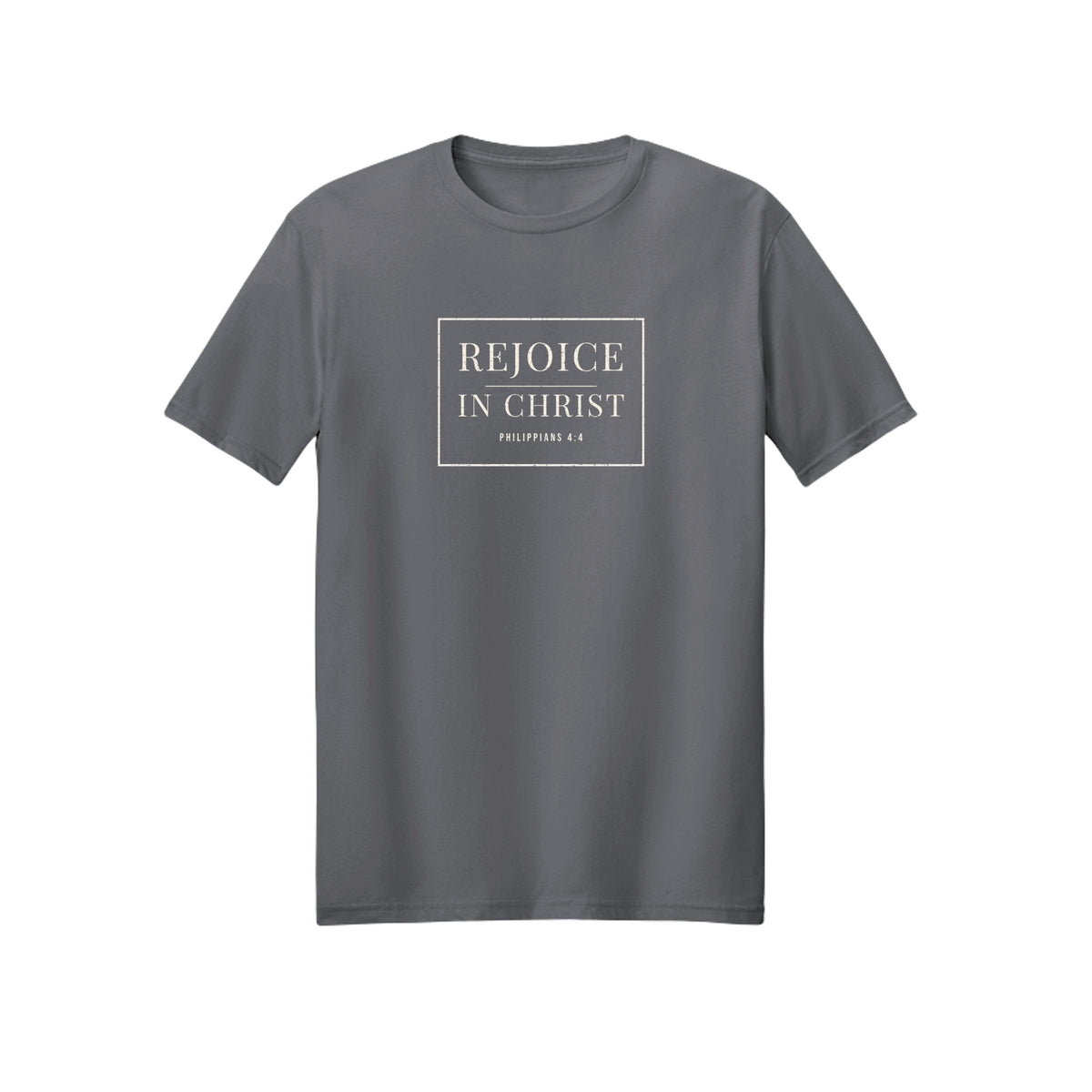 Minimal White Rejoice in Christ shirt in Charcoal