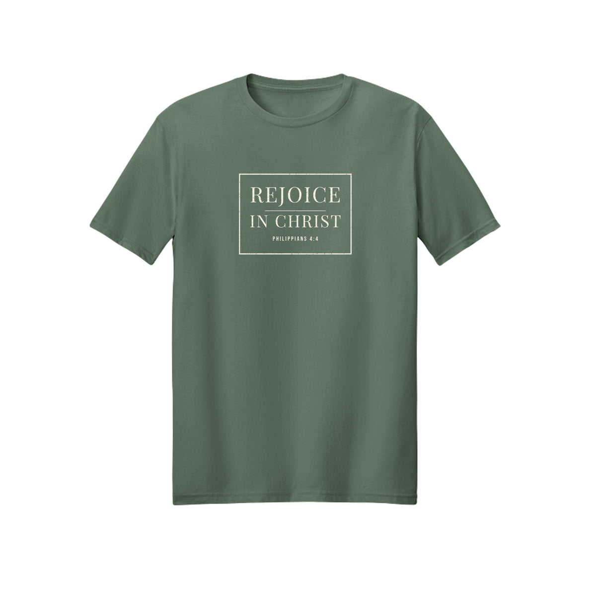 Minimal White Rejoice in Christ shirt in Military Green