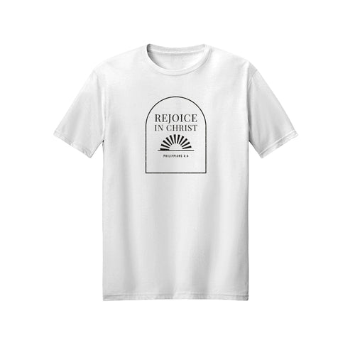 Archway Rejoice in Christ shirt — 2027 LDS youth theme design, Philippians 4:4 in White