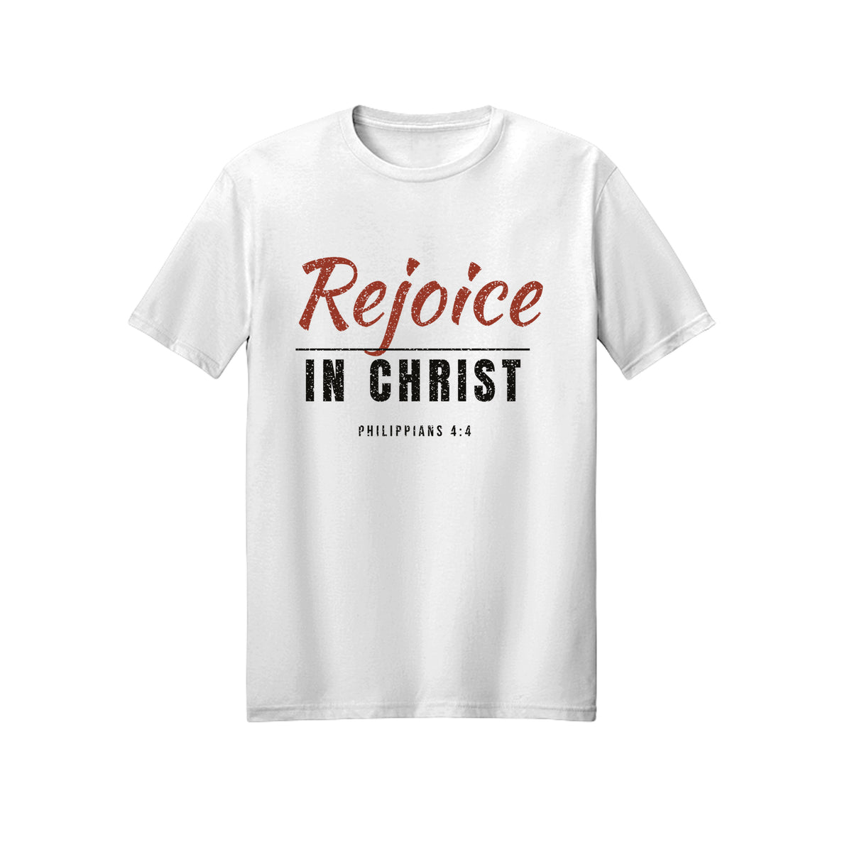 Distressed Rejoice in Christ shirt — 2027 LDS youth theme design, Philippians 4:4 in White