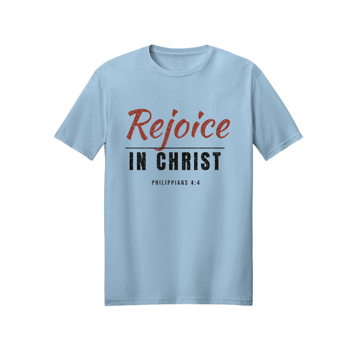Distressed Rejoice in Christ shirt design detail, Philippians 4:4 scripture tee in Light Blue