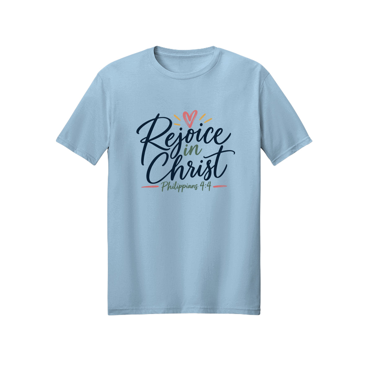 Elegant Script Rejoice in Christ shirt in Light Blue