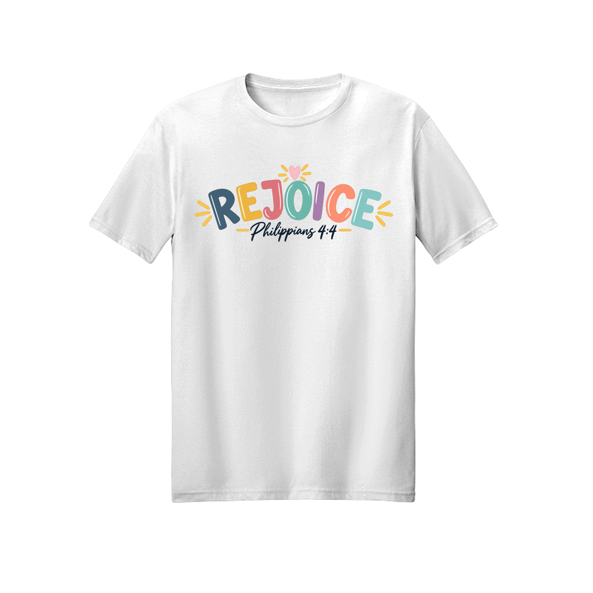 Colorful Hand Lettered Rejoice in Christ shirt — 2027 LDS youth theme design, Philippians 4:4 in White
