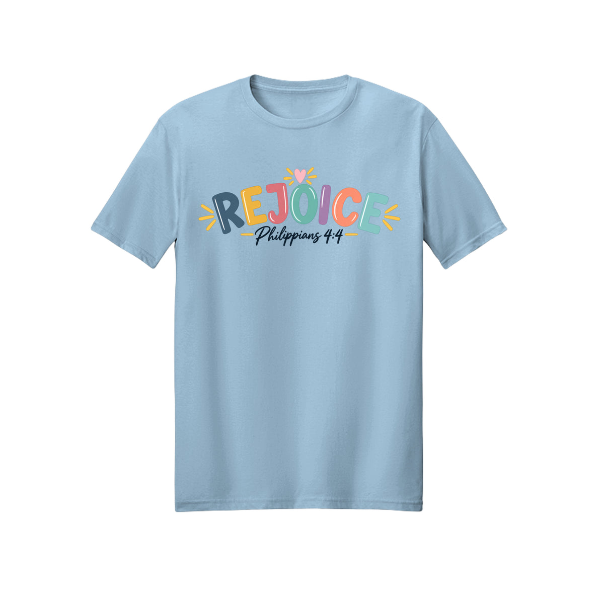 Colorful Hand Lettered Rejoice in Christ shirt in Light Blue