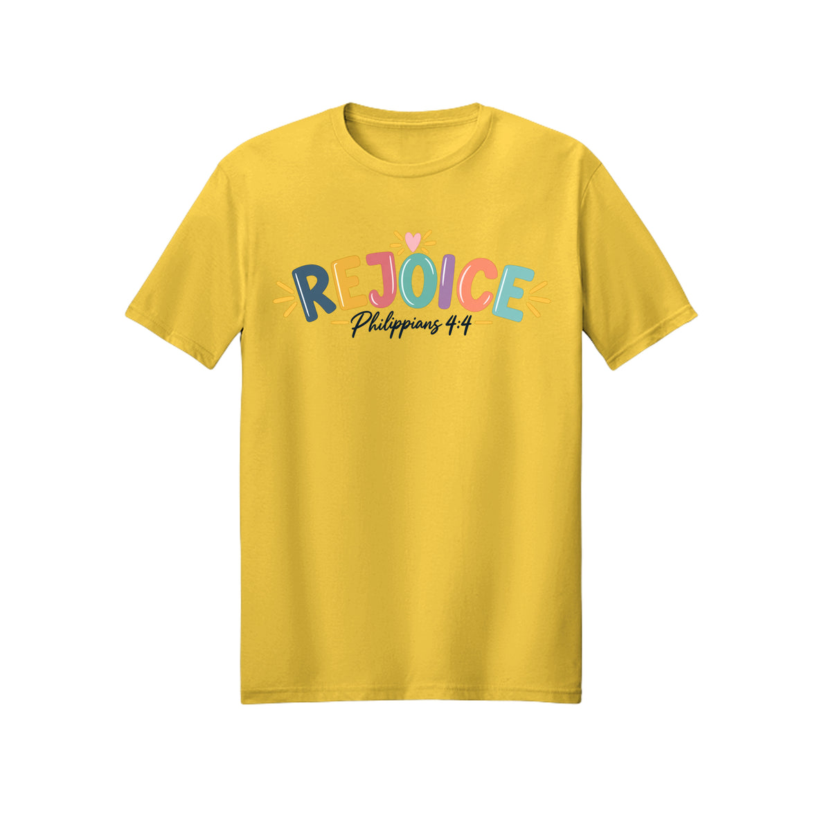 Colorful Hand Lettered Rejoice in Christ shirt in Daisy