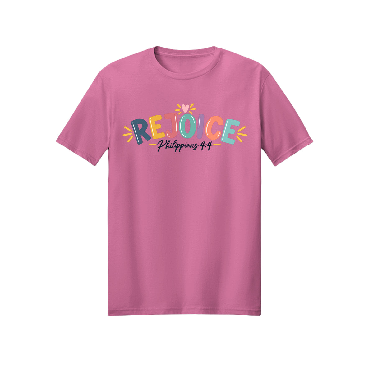 Colorful Hand Lettered Rejoice in Christ shirt in Azalea