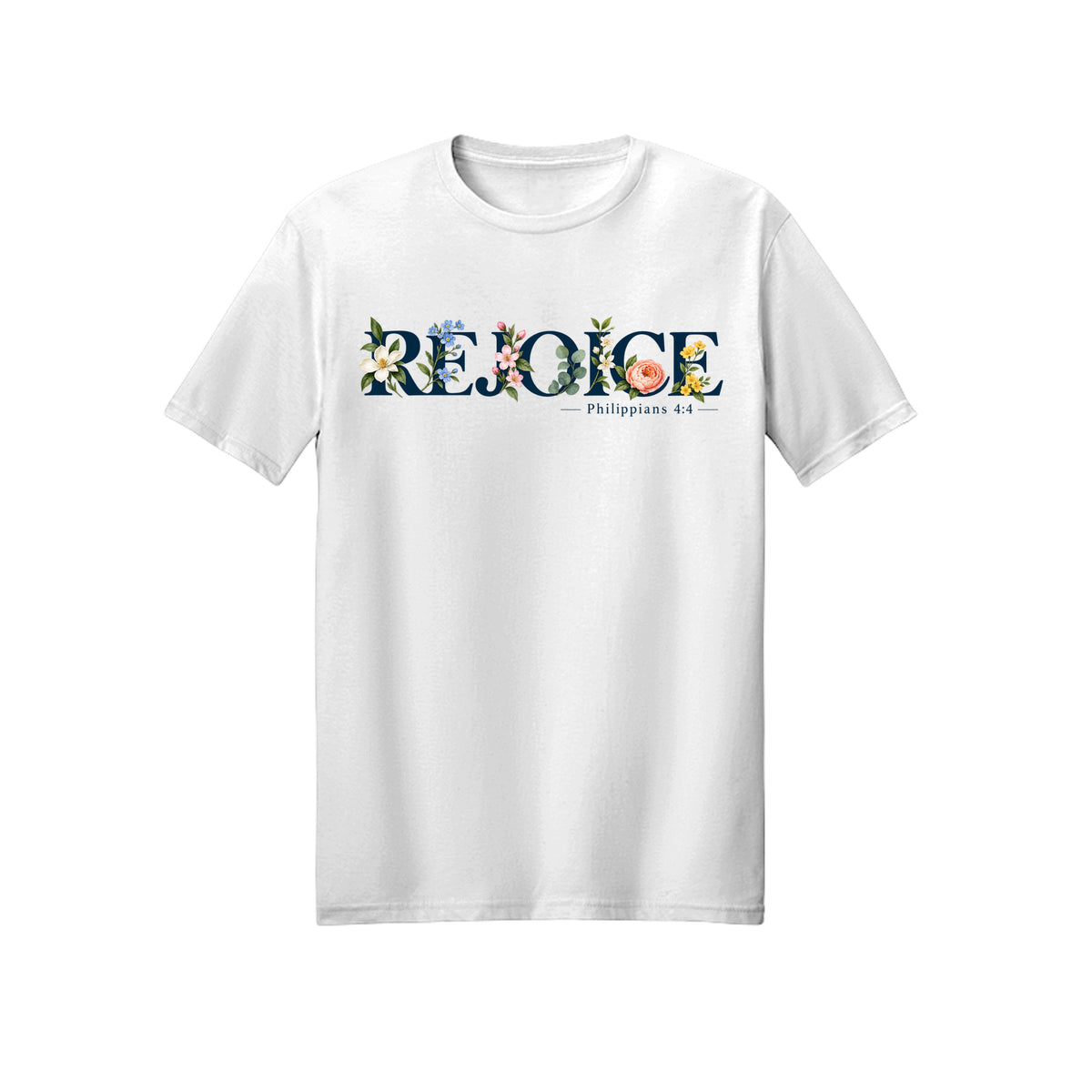 Floral Typography Rejoice in Christ shirt — 2027 LDS youth theme design, Philippians 4:4 in White