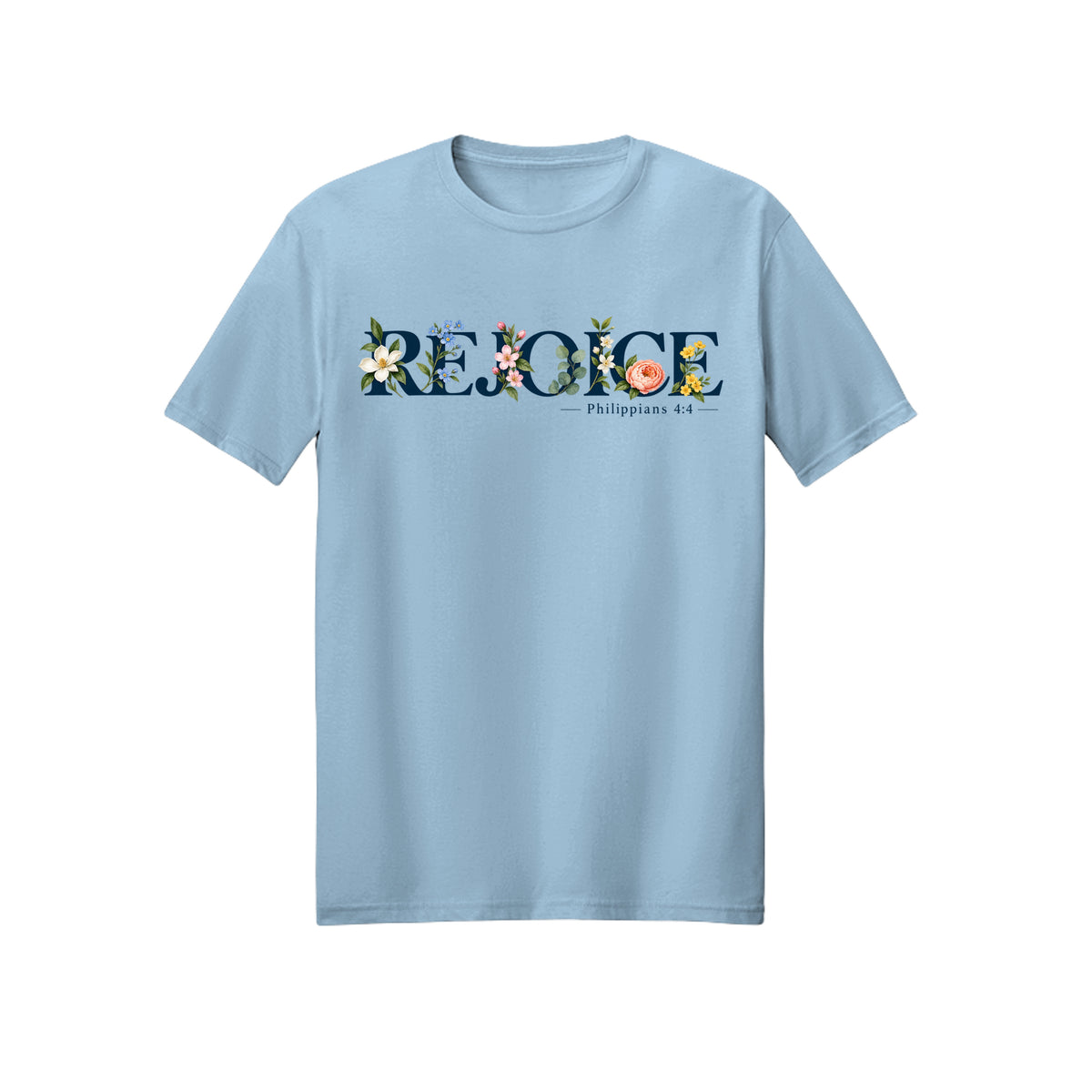 Floral Typography Rejoice in Christ shirt in Light Blue
