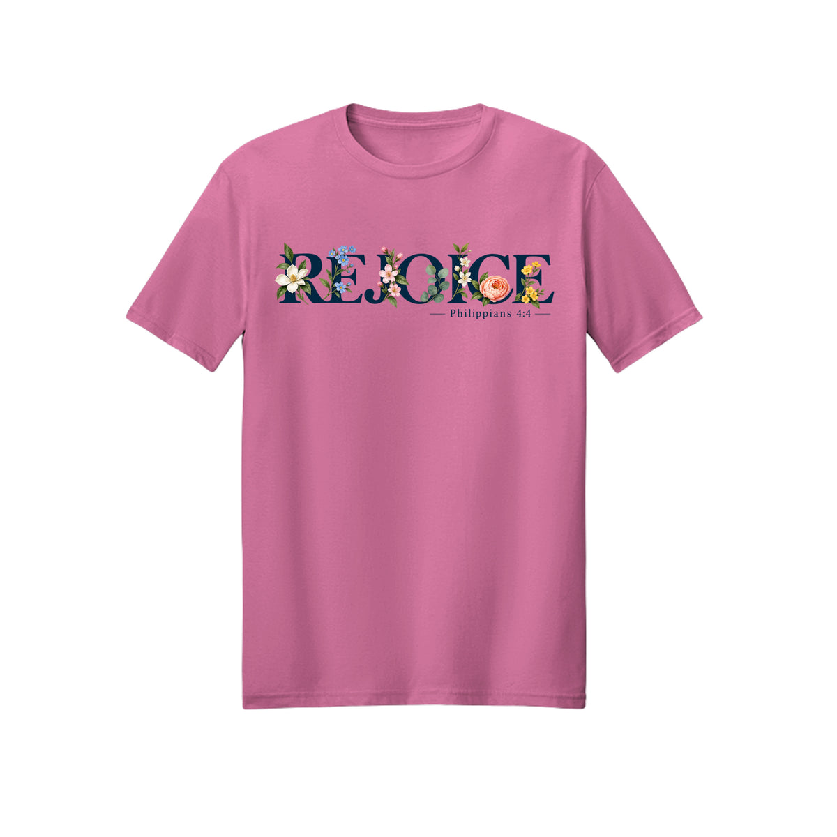 Floral Typography Rejoice in Christ shirt in Azalea