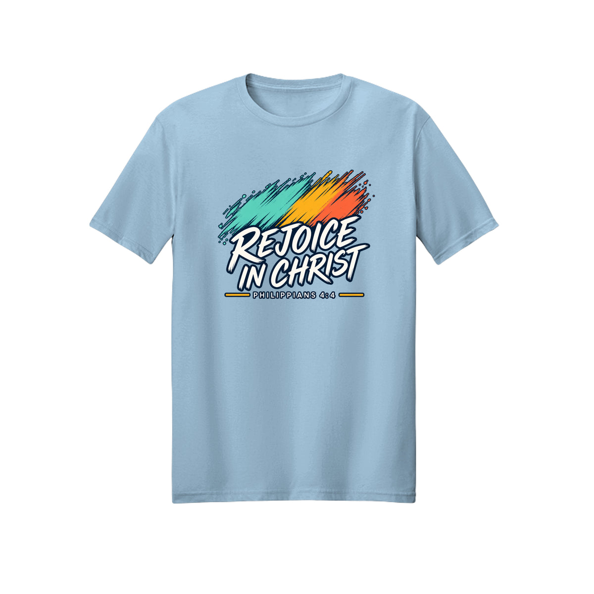 Brush Stroke Rejoice in Christ shirt — 2027 LDS youth theme design, Philippians 4:4 in Light Blue