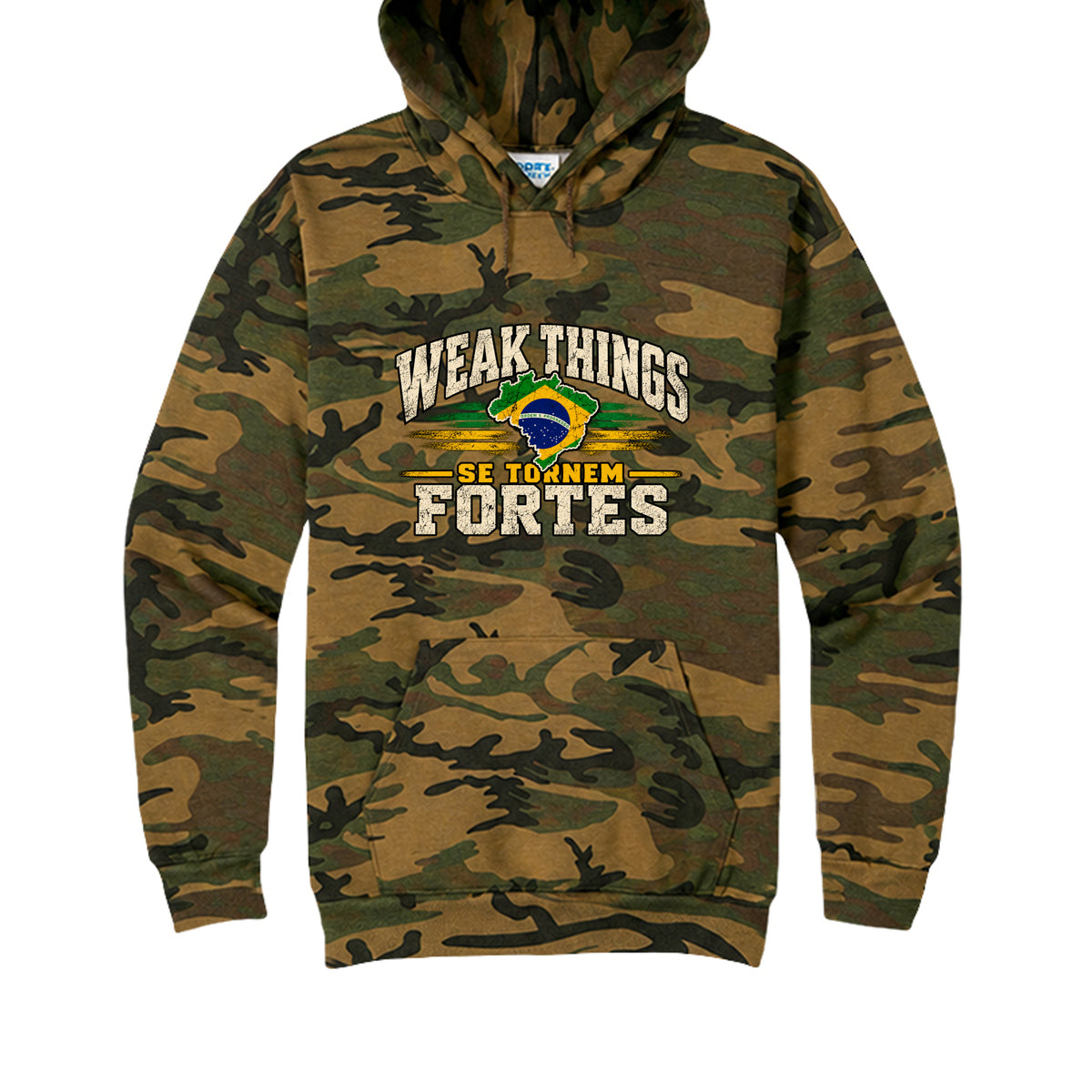 Weak Things Se Tornem Fortes Brazil sweatshirt in Military Camo: Brazil flag map with WEAK THINGS SE TORNEM FORTES on the front