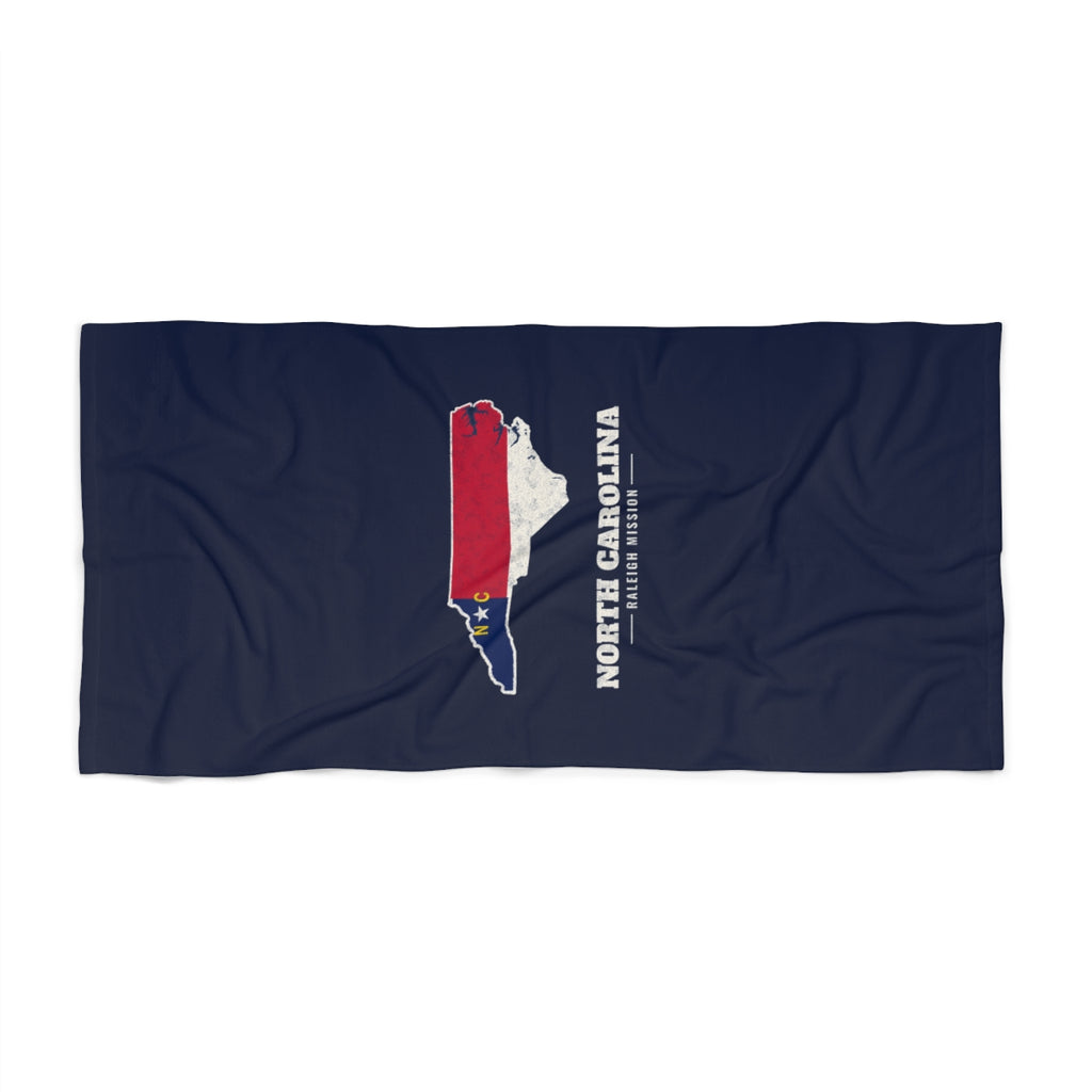 North Carolina Raleigh Mission flag map beach towel by Weak Things view 2