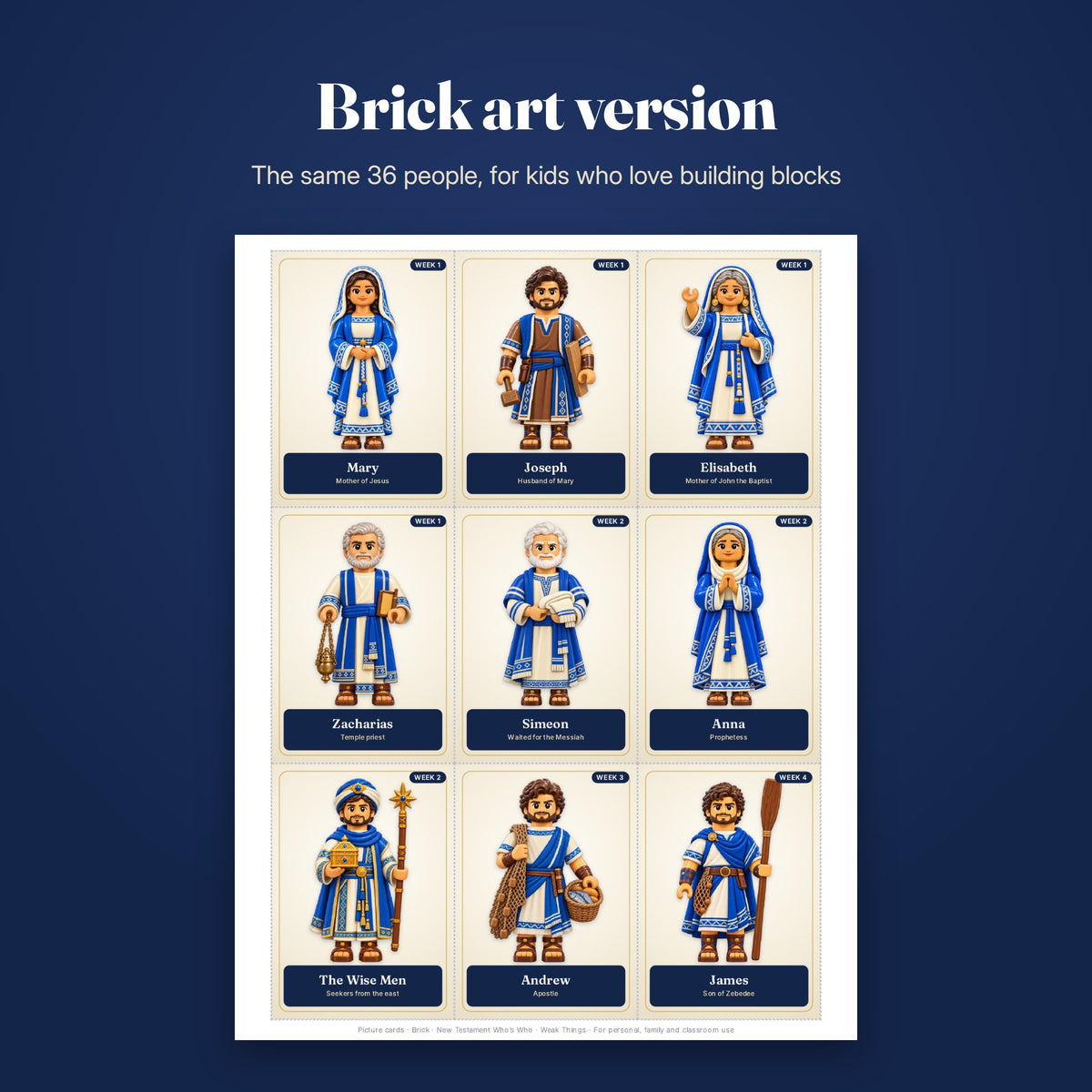 Brick art picture cards of the same 36 people