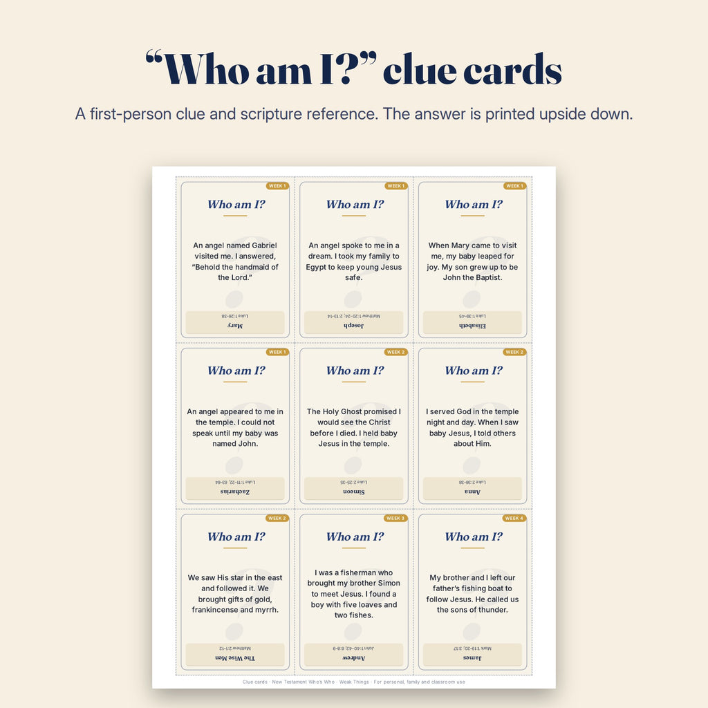 Who am I? clue cards with scripture references