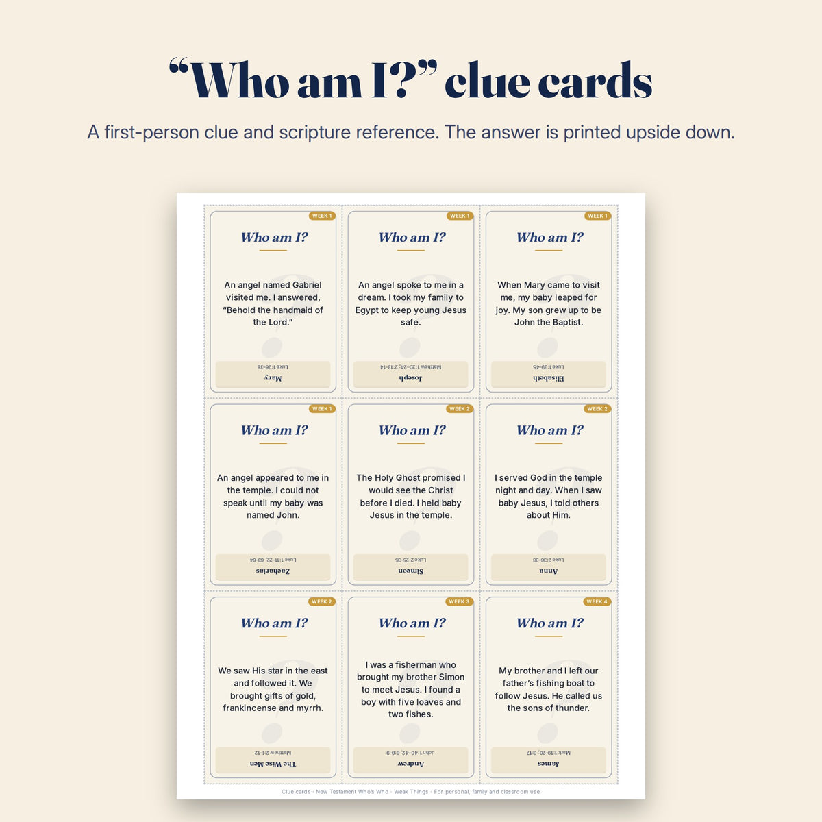 Who am I? clue cards with scripture references