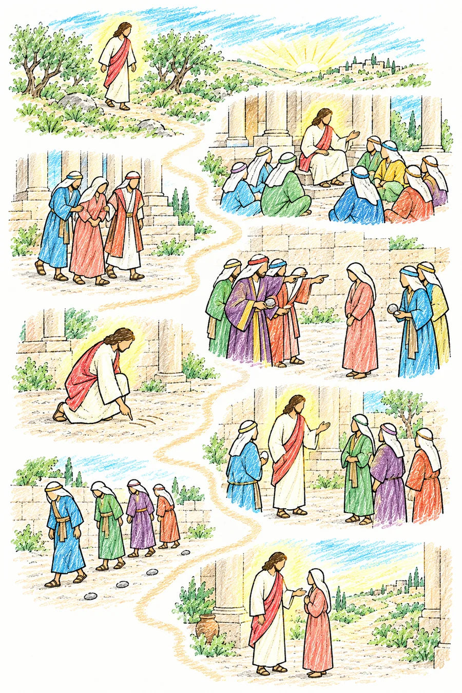 Hand-drawn doodle map of a winding path: Jesus on a hill of olive trees at dawn, Jesus teaching in a temple courtyard, men in fine robes leading a woman in, the men holding stones and pointing, Jesus stooping to write in the dust, Jesus standing and speaking calmly, the men walking away and dropping their stones, and Jesus speaking kindly to the woman as a path leads toward morning light.