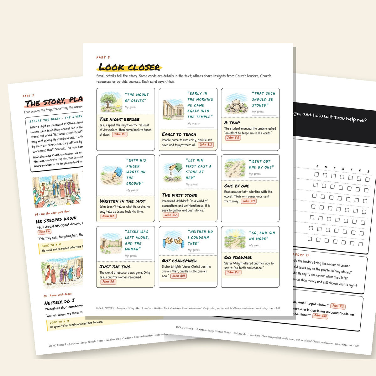 Three inside pages: the story, the detail cards and the seven-day tracker
