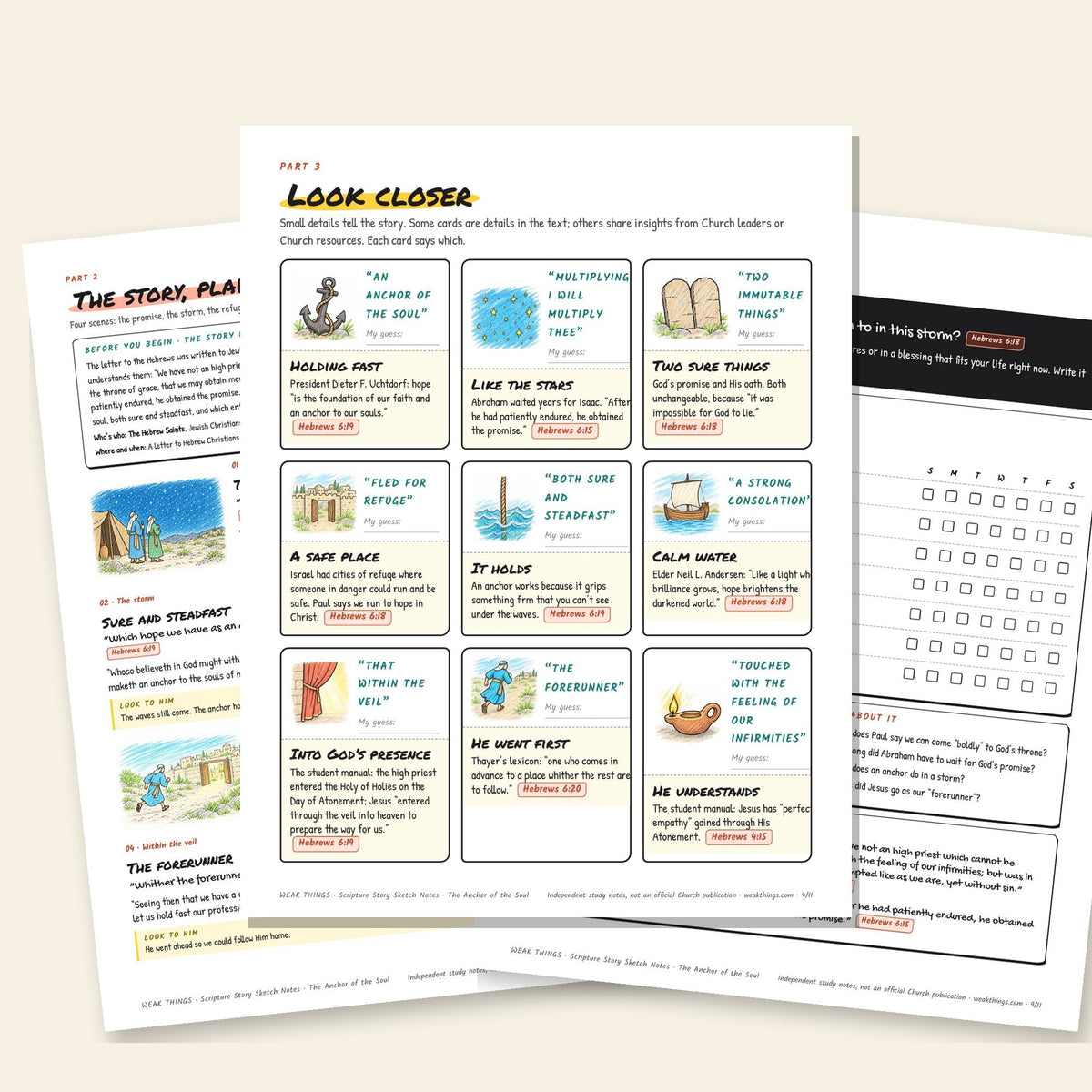 Three inside pages: the story, the detail cards and the seven-day tracker
