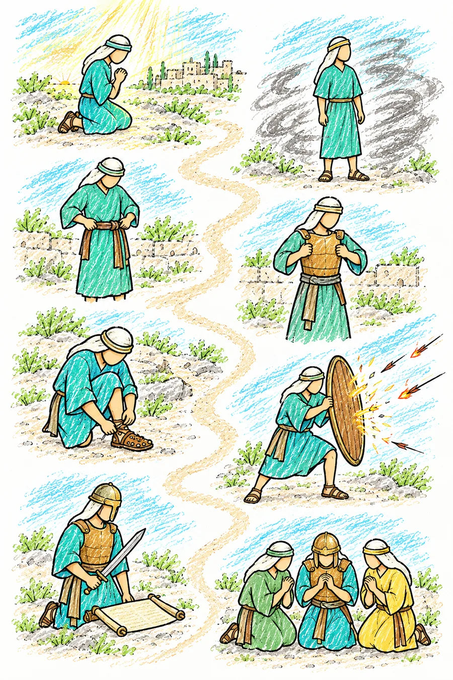 Hand-drawn doodle map: a young person praying at dawn, standing firm against gray shadows, tying on a belt, putting on a breastplate, lacing sandals, raising a shield against flaming arrows, putting on a helmet with a sword and scroll, and kneeling in prayer in full armor with friends.