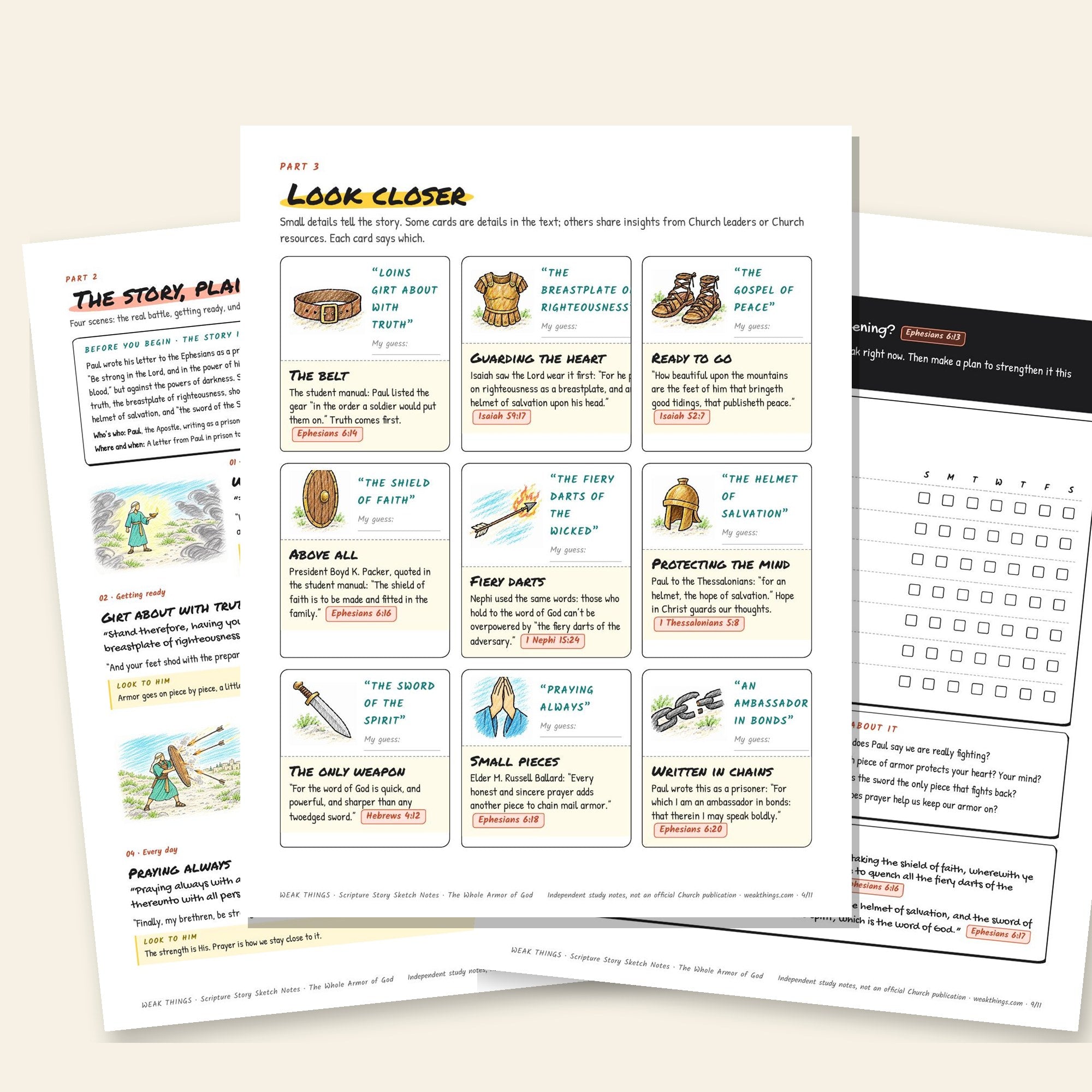 Inside pages of the The Whole Armor of God printable sketch notes