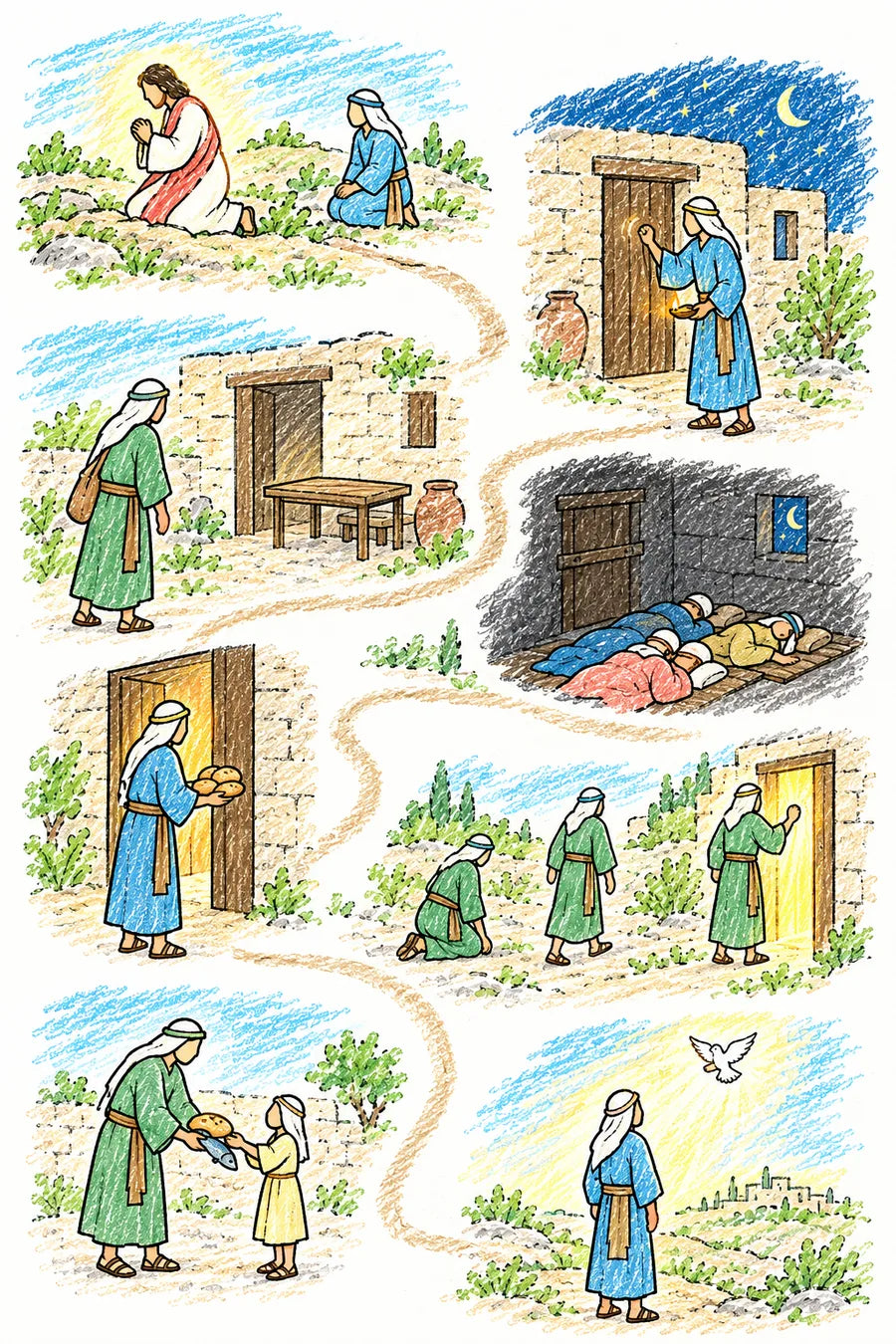 Hand-drawn doodle map of a winding path: Jesus kneeling in prayer on a hillside while a disciple waits, a man knocking on a door at night under a crescent moon, a tired traveler arriving at a house with an empty table, a family asleep on mats behind a barred door, a sleepy man handing three loaves out the door, a person kneeling, walking a path and knocking at a door of light, a father handing bread and a fish to his child, and a white dove above a person in prayer.