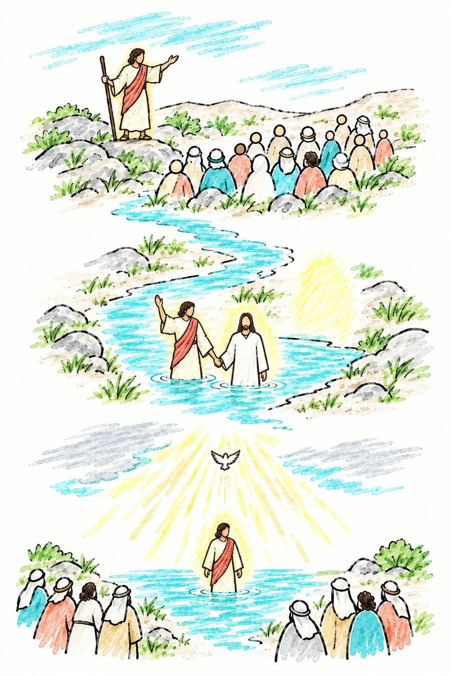 Hand-drawn doodle map: John the Baptist preaching to a crowd in the wilderness, a winding river where John stands in the water and a figure of soft light walks in, and below, the heavens opened with rays of light and a small white dove over the figure of light in the river.