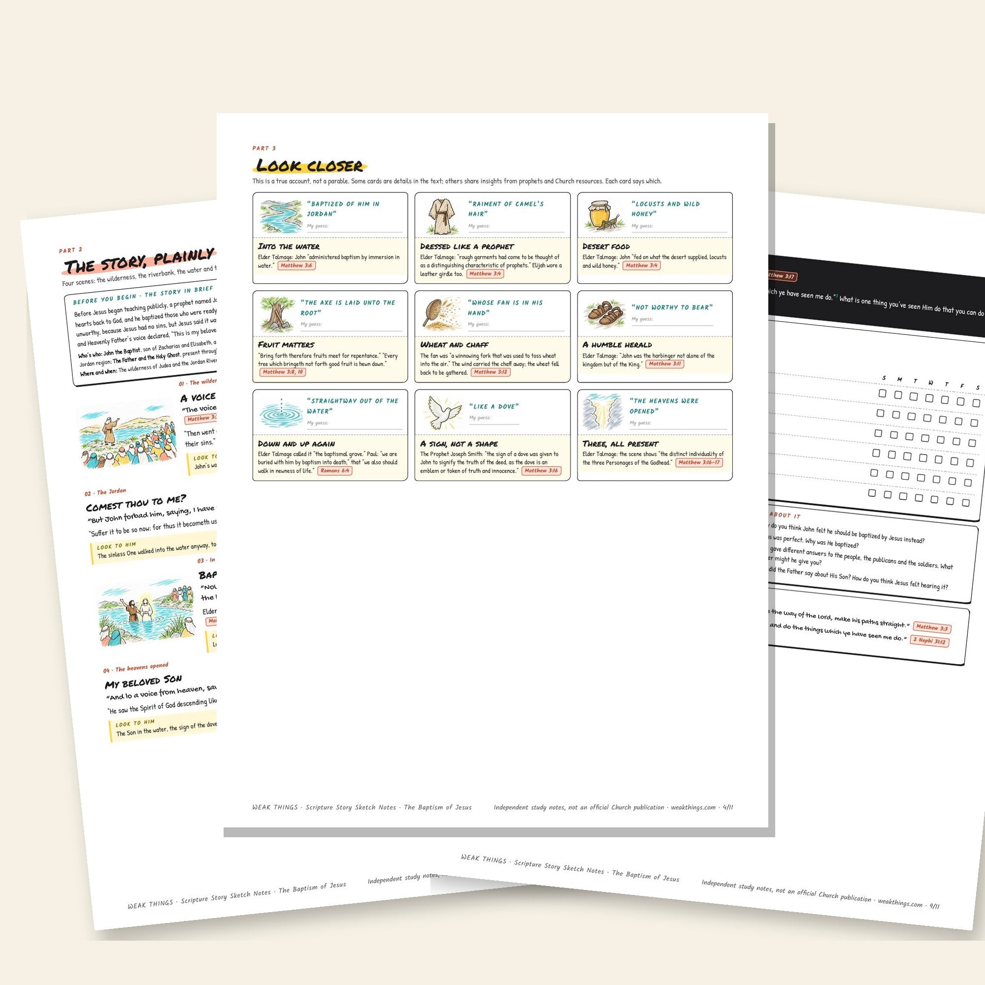 Inside pages of the The Baptism of Jesus printable sketch notes