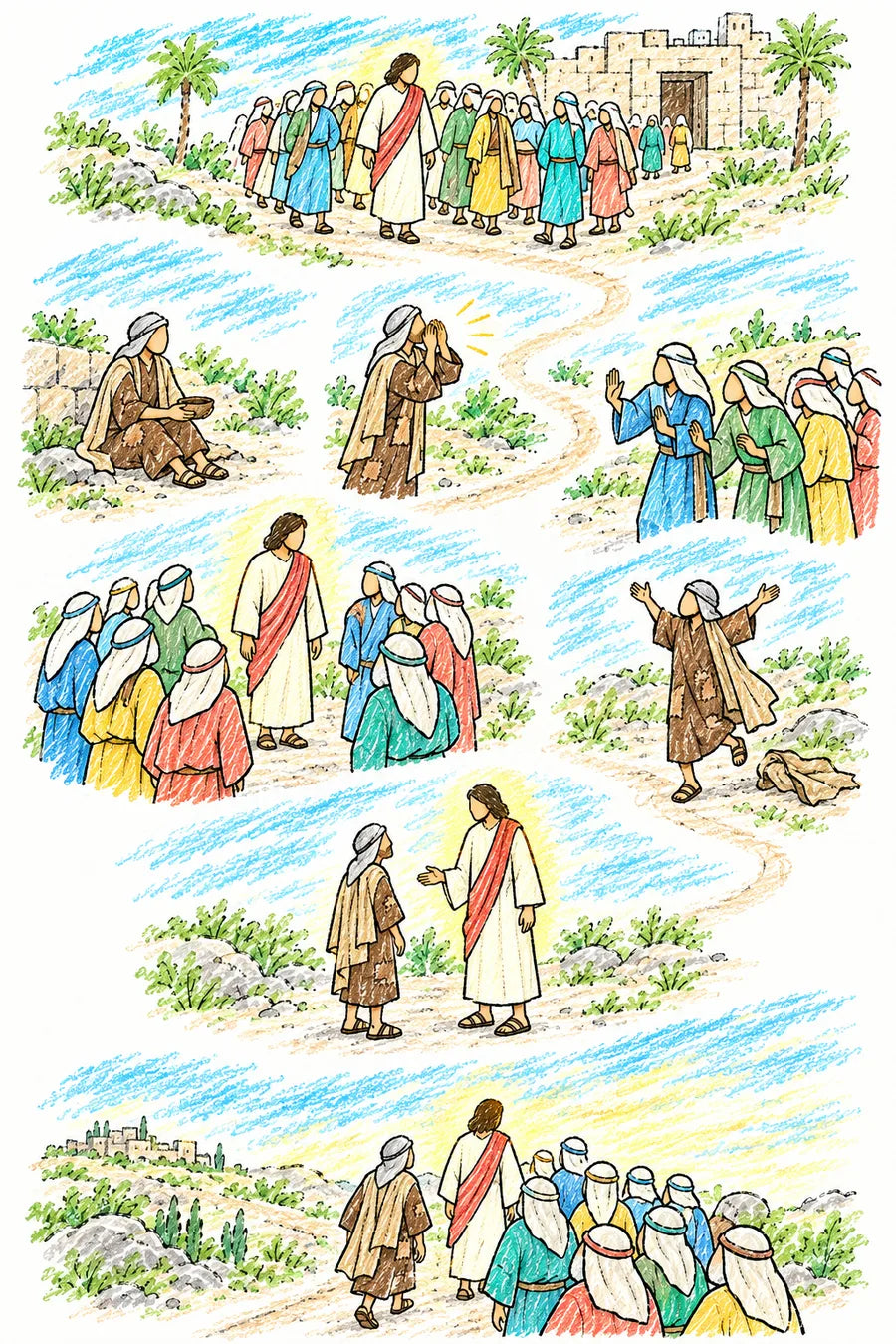 Hand-drawn doodle map of a winding road out of Jericho: palm trees and the city gate, a blind beggar with a bowl by the roadside, the man calling out with raised hands, the crowd hushing him, Jesus standing still in the road, a friend telling the man to rise, the man throwing off his cloak, and the man following Jesus on a sunny road toward the hills.