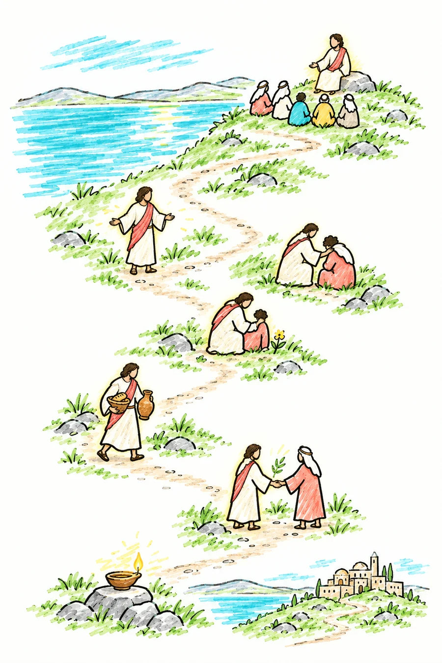 Hand-drawn doodle map: a winding path climbing a green hillside above a blue lake, a figure of soft light seated near the top with listeners on the grass, and at the bottom a glowing lamp and a small city on a hill.