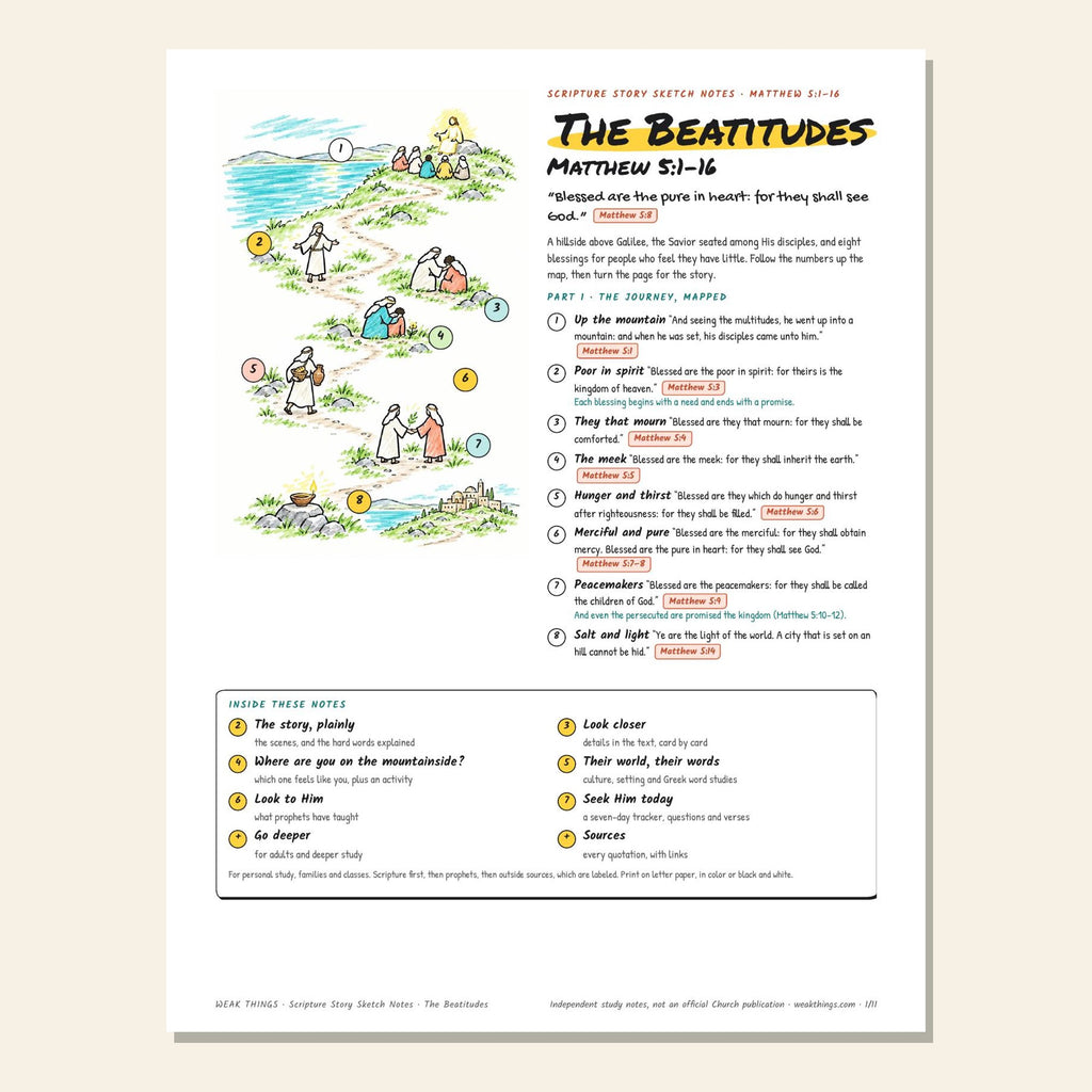 The Beatitudes sketch notes cover with a hand-drawn map climbing a hillside above the Sea of Galilee