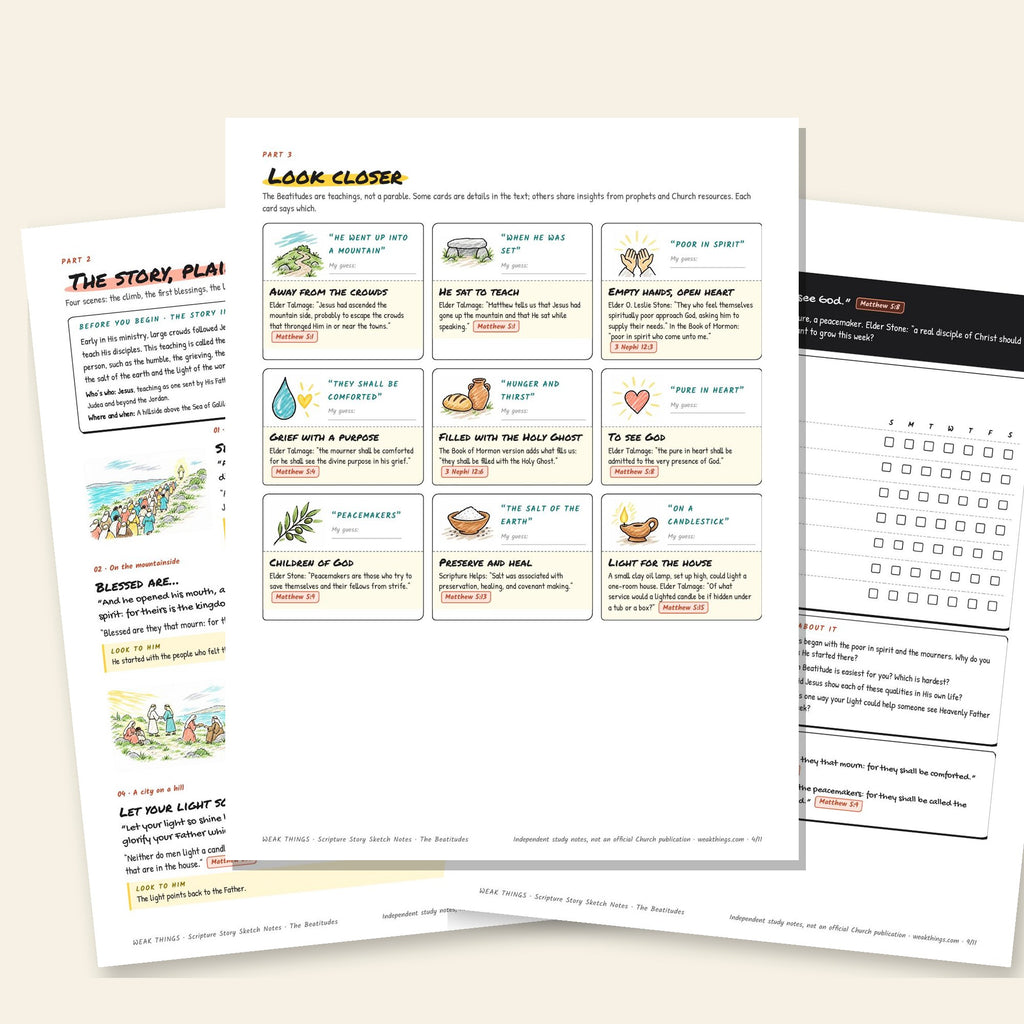 Three inside pages: the story, the detail cards and the seven-day tracker