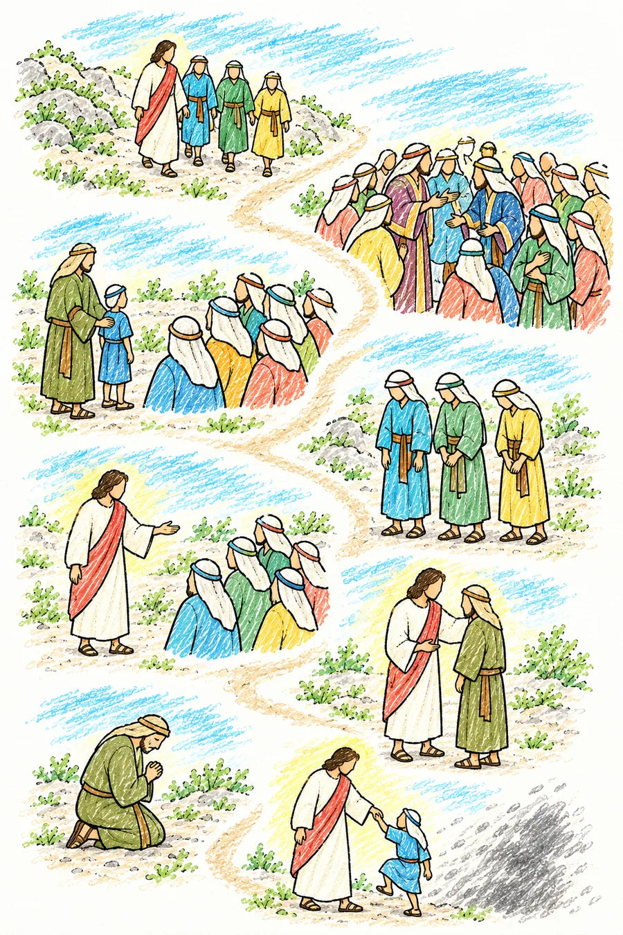 Hand-drawn doodle map of a winding path: Jesus and three disciples walking down a mountain path, a crowd around arguing men and worried disciples, a father with his young son speaking to the crowd, disciples looking down at empty hands, Jesus beckoning with an open hand, Jesus speaking kindly to the father, the father kneeling in tears with clasped hands, and Jesus lifting the boy up by the hand as a gray scribble shadow fades away.