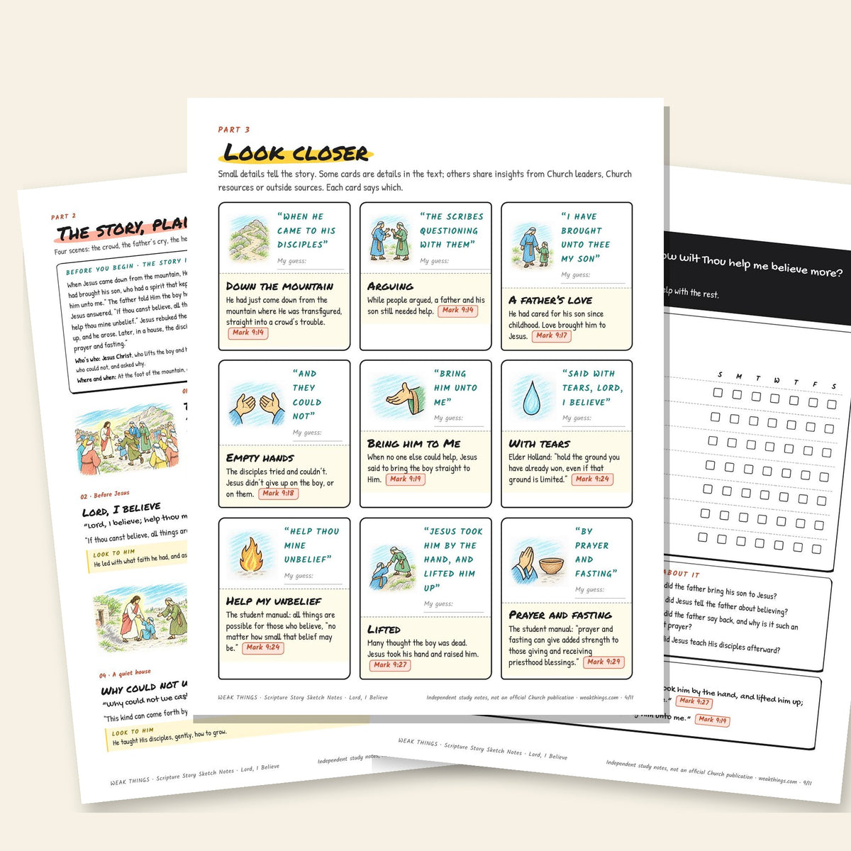 Three inside pages: the story, the detail cards and the seven-day tracker