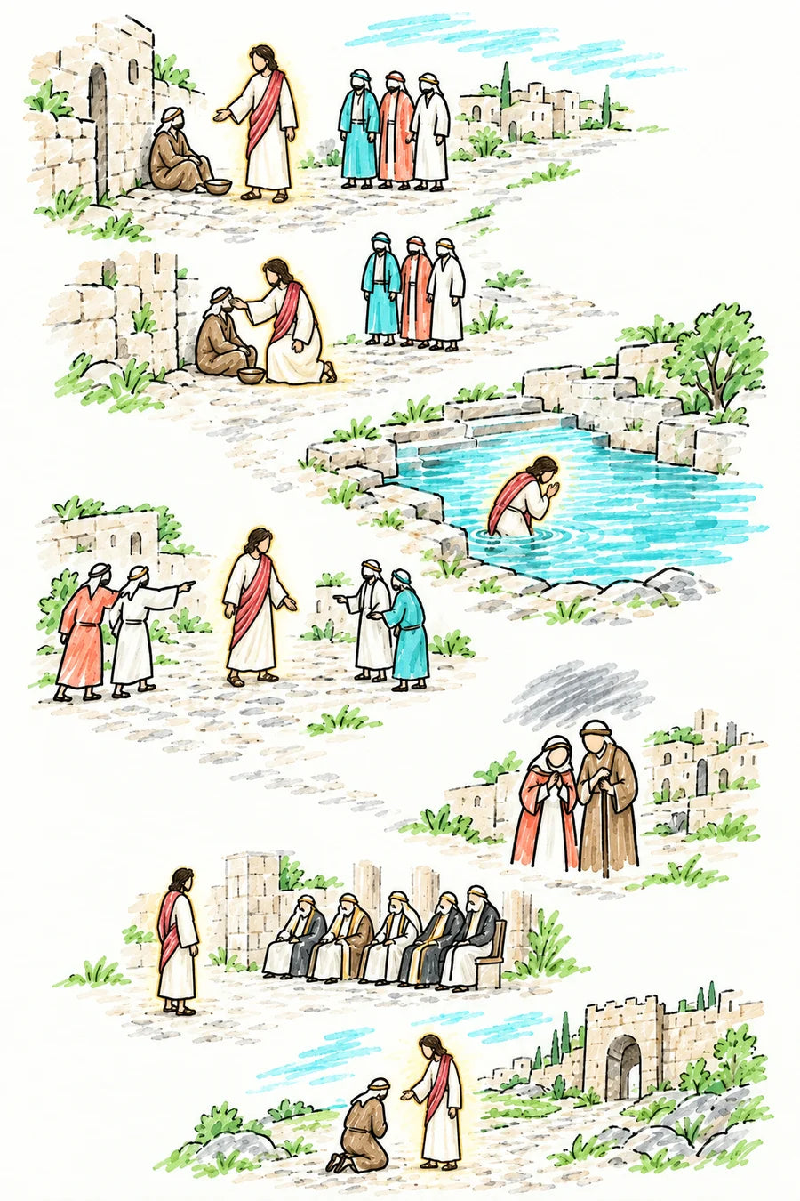 Hand-drawn doodle map of Jerusalem streets: a figure of soft light stopping beside a blind beggar, a man washing at the pool of Siloam, neighbors pointing, worried parents, the man standing before seated leaders, and the man kneeling before the figure of light outside the city.