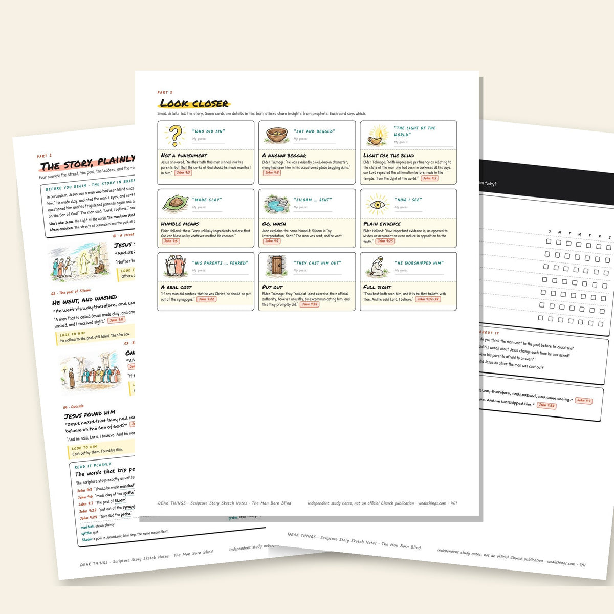 Three inside pages: the story, the detail cards and the seven-day tracker