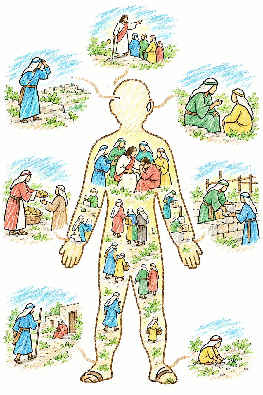 Hand-drawn doodle map of a large body outline filled with tiny people working together, Jesus guiding at the head, a person watching at the eye, people listening at the ear, a person serving bread at one hand and building at the other, a group comforting someone near the heart, a person walking to visit at the feet, and a child helping at the toe.