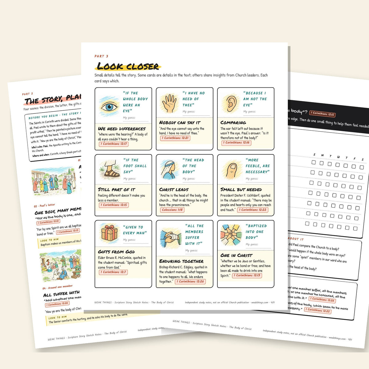 Three inside pages: the story, the detail cards and the seven-day tracker