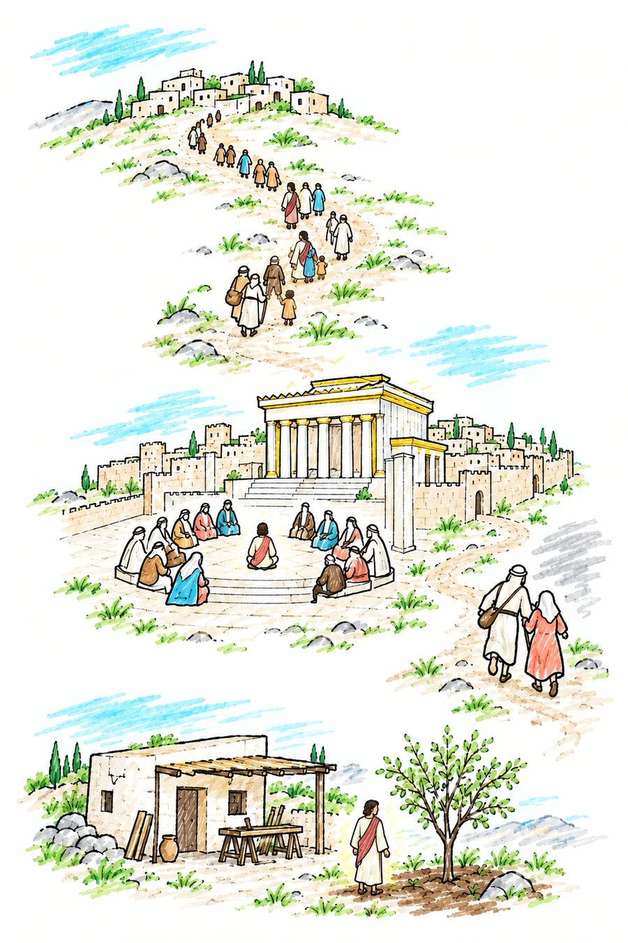 Hand-drawn doodle map: a caravan of families walking from Nazareth to Jerusalem, a boy made of soft light seated among teachers in the temple court, his parents hurrying back along the road, and the boy at home in Nazareth beside a growing tree.