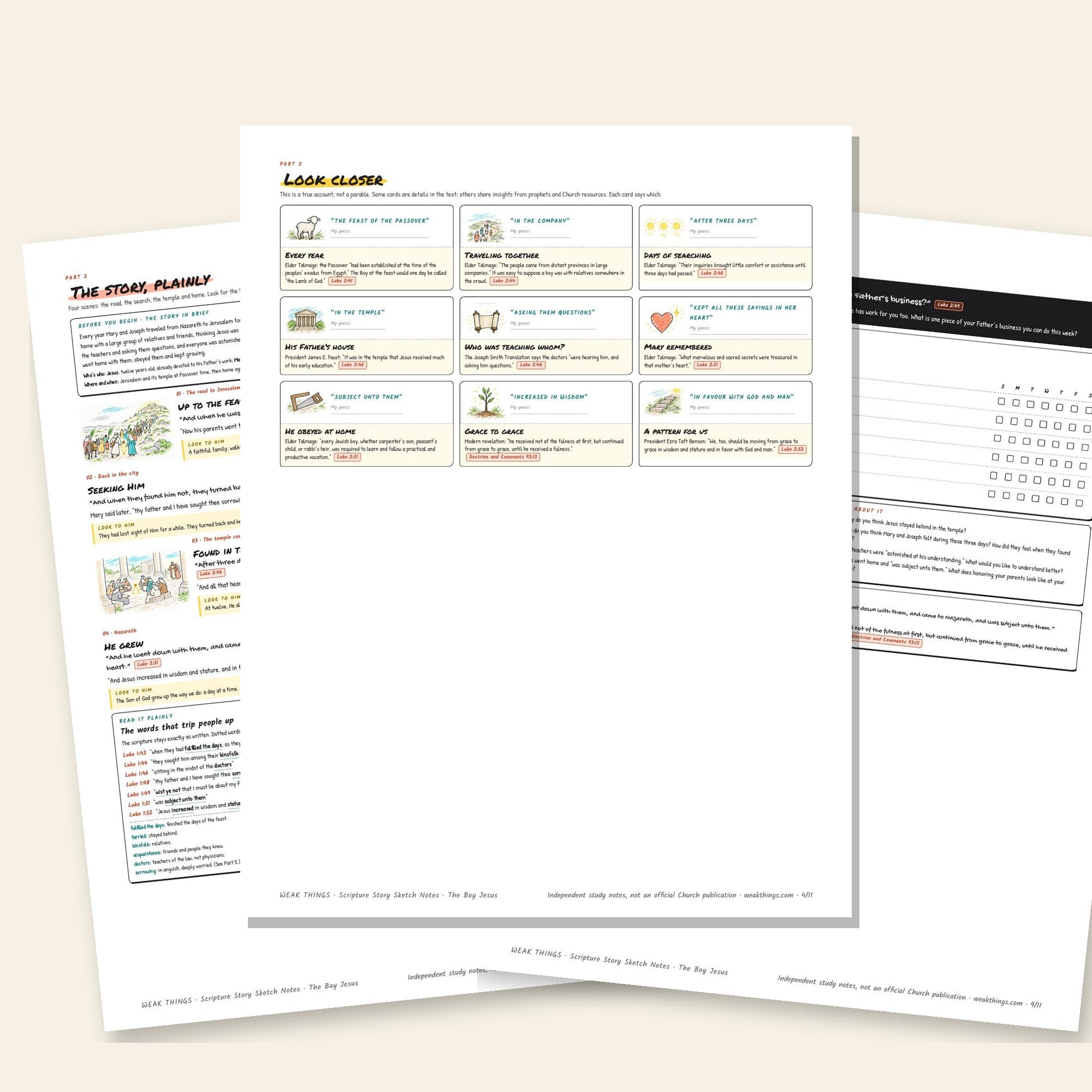 Inside pages of the The Boy Jesus in the Temple printable sketch notes
