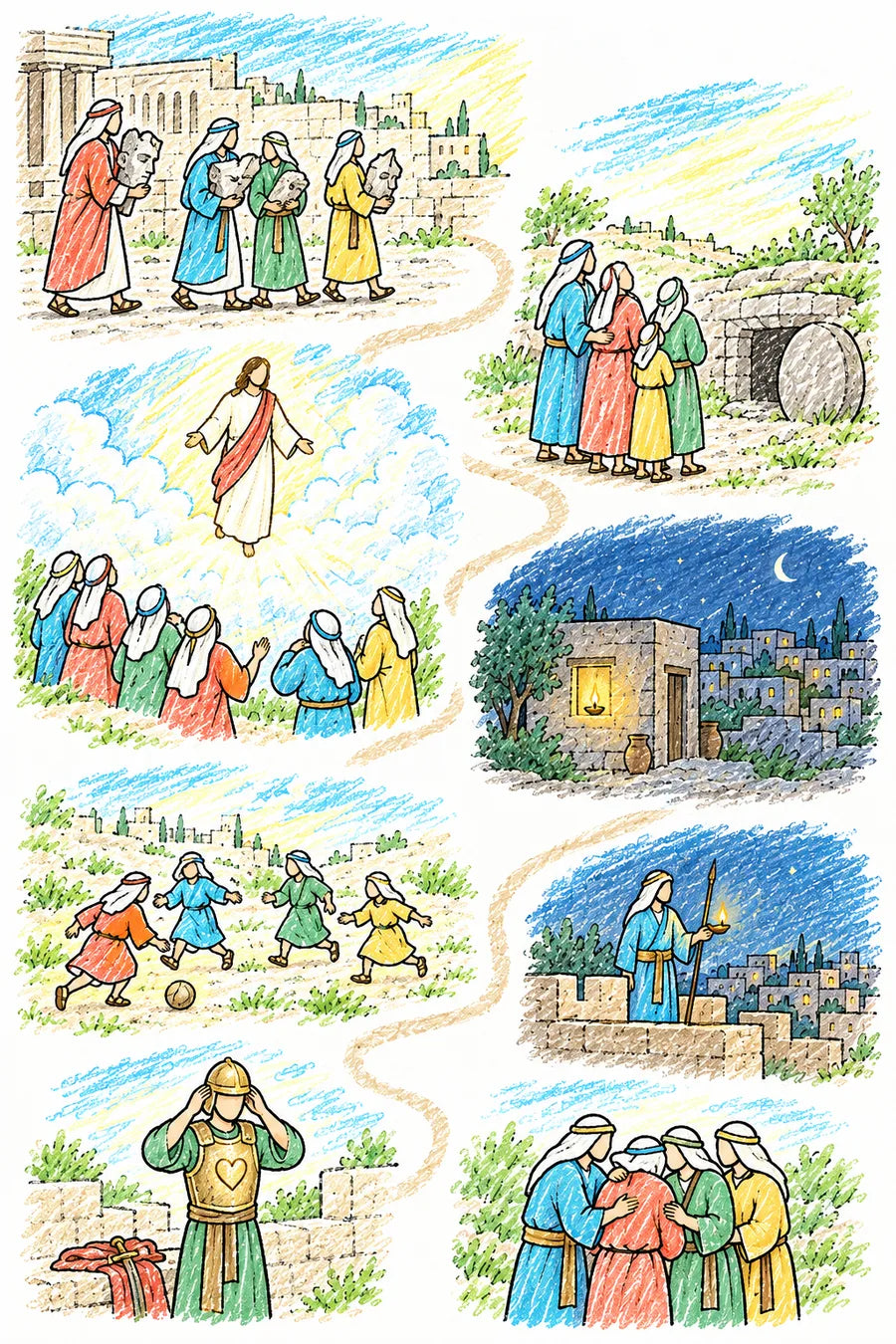 Hand-drawn doodle map: people carrying broken idols away toward a soft light, a family at a grave looking up with hope, Jesus Christ descending in glory among bright clouds, a sleeping town with one lamp in a window, children playing in sunlight, a watchman awake on a wall, a person putting on a breastplate with a heart and a helmet, and friends comforting a sad friend.