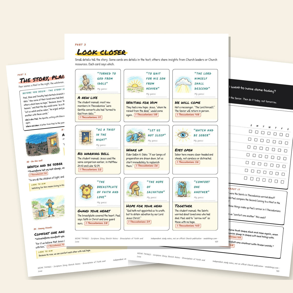 Three inside pages: the story, the detail cards and the seven-day tracker