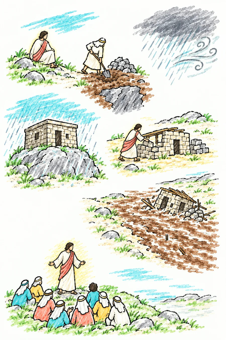 Hand-drawn doodle map: at the top a man digging down to rock beside a stone house on a rocky hill, a storm cloud with rain and wind, in the middle a house in a sandy streambed, below it floodwater washing that house away, and at the bottom a figure of soft light teaching a crowd.