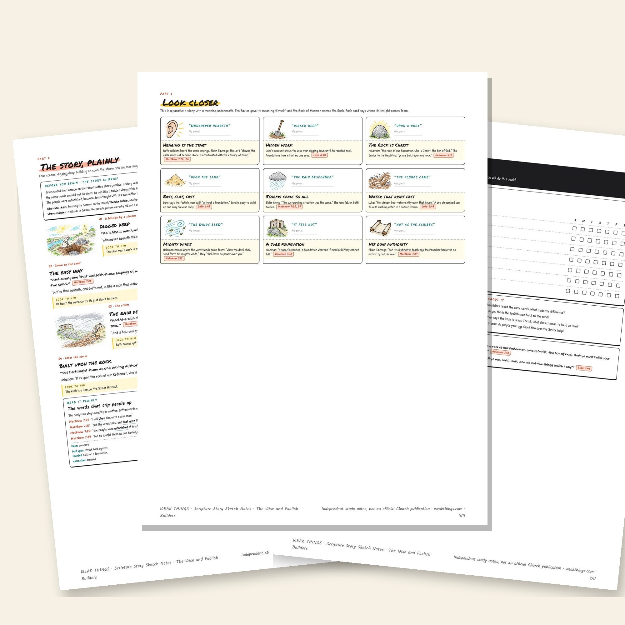 Inside pages of the The Wise and Foolish Builders printable sketch notes