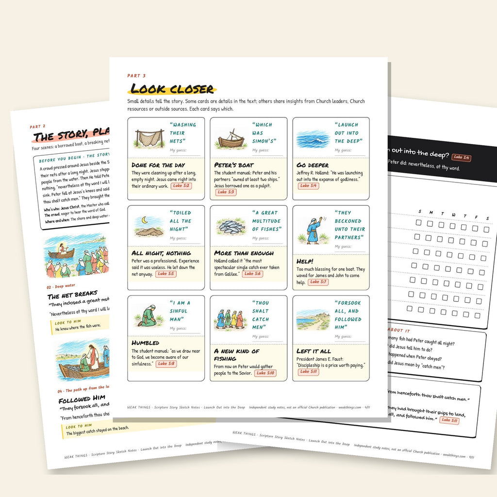 Three inside pages: the story, the detail cards and the seven-day tracker