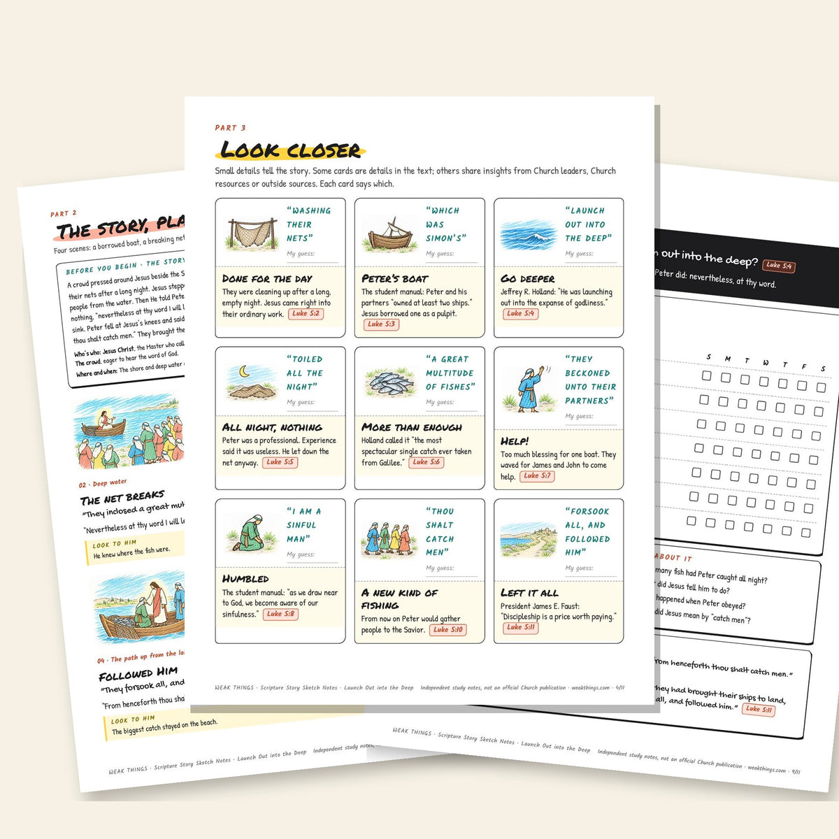 Three inside pages: the story, the detail cards and the seven-day tracker