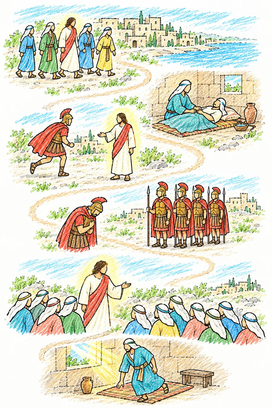 Hand-drawn doodle map of a winding path: Jesus and disciples walking into Capernaum by the sea, a sick servant on a mat cared for by a woman, a Roman centurion hurrying toward Jesus, the centurion bowing with a hand on his chest beside a row of soldiers with spears, Jesus speaking to a crowd, and the servant rising from his mat in a sunlit room.