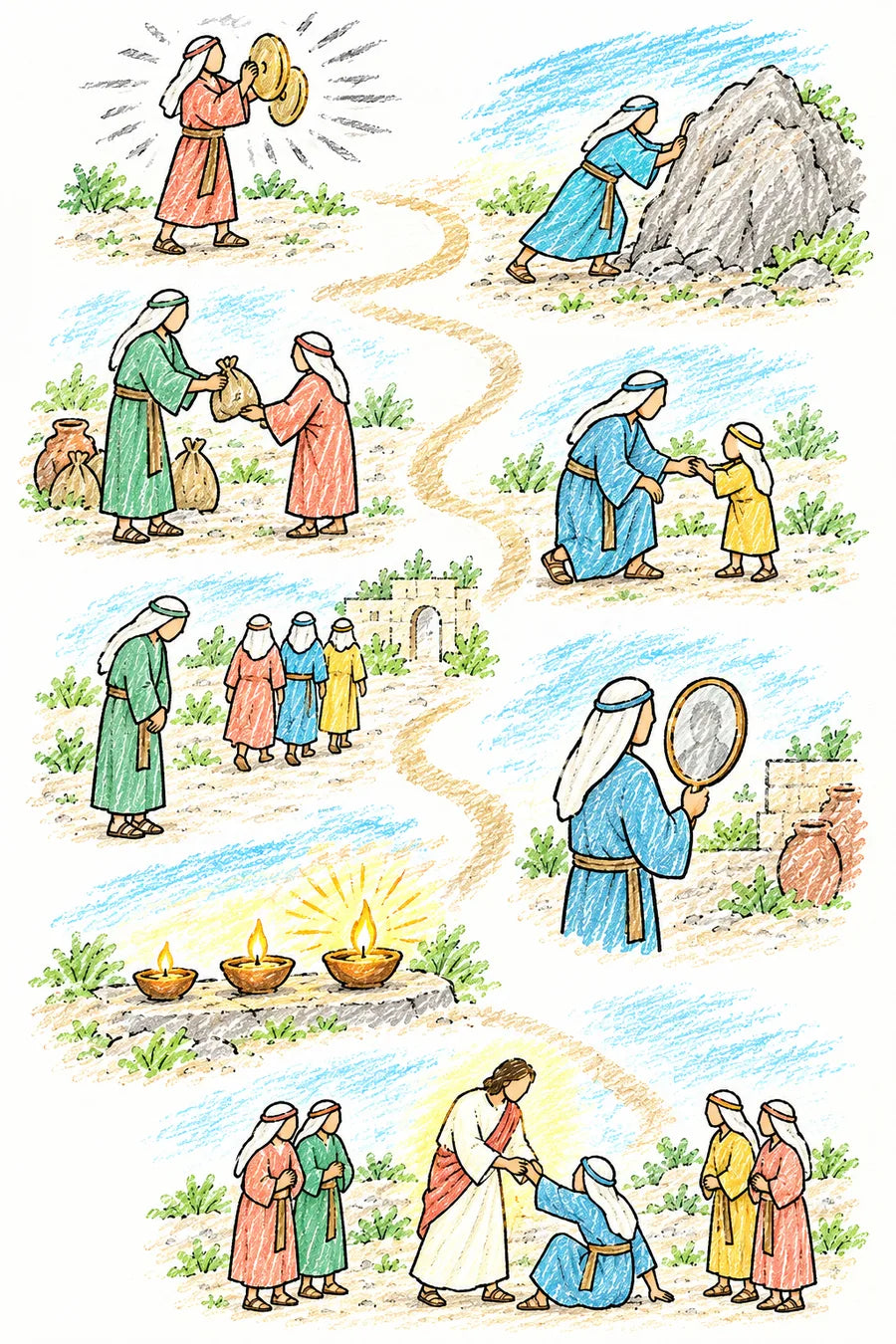 Hand-drawn doodle map: a person playing a loud cymbal alone, a person pushing a mountain alone, a person giving away goods, a person kindly helping a child, a person stepping aside for others, a person looking into a blurry bronze mirror, three lamps with the third burning brightest, and Jesus helping a fallen person up while others watch with love.