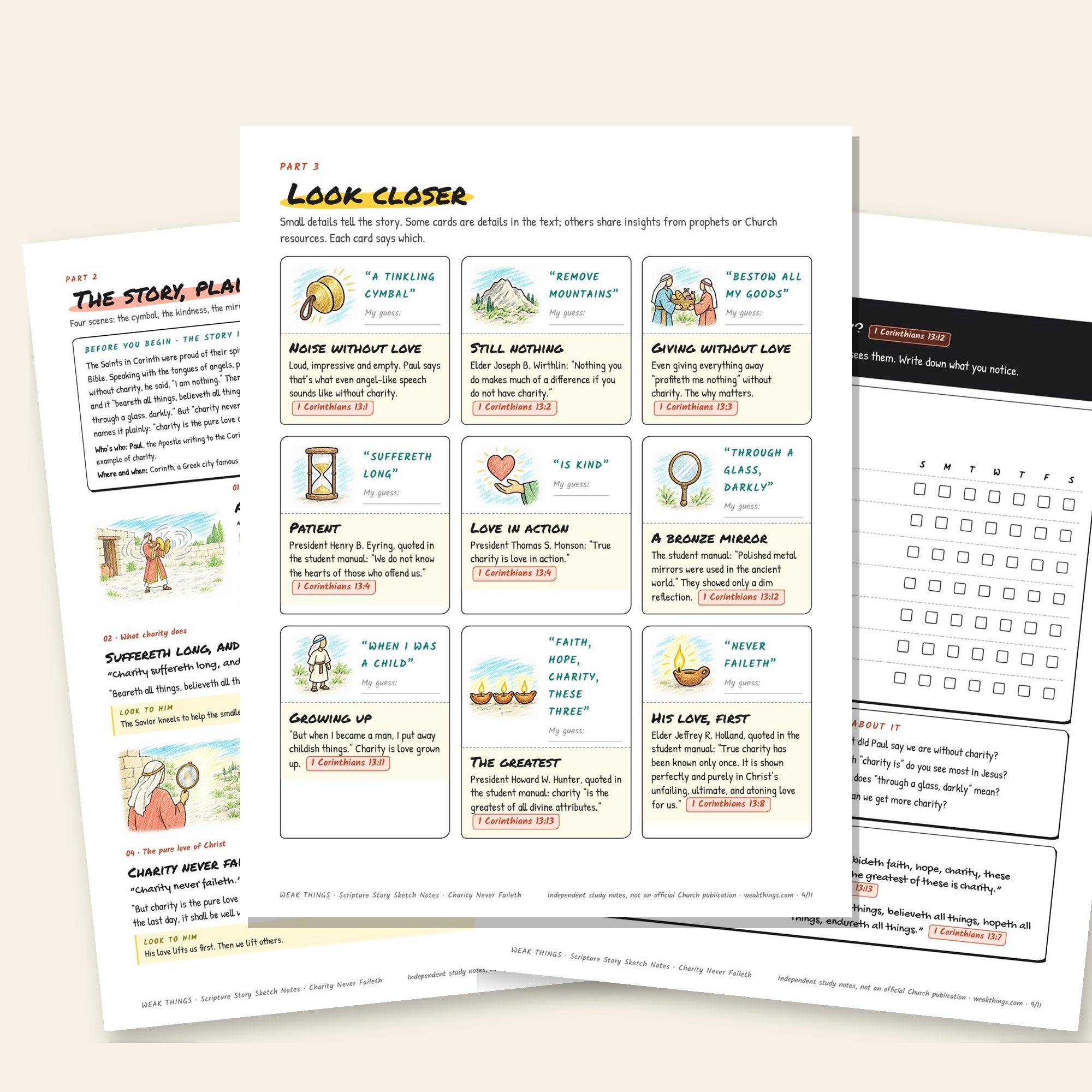 Inside pages of the Charity Never Faileth printable sketch notes